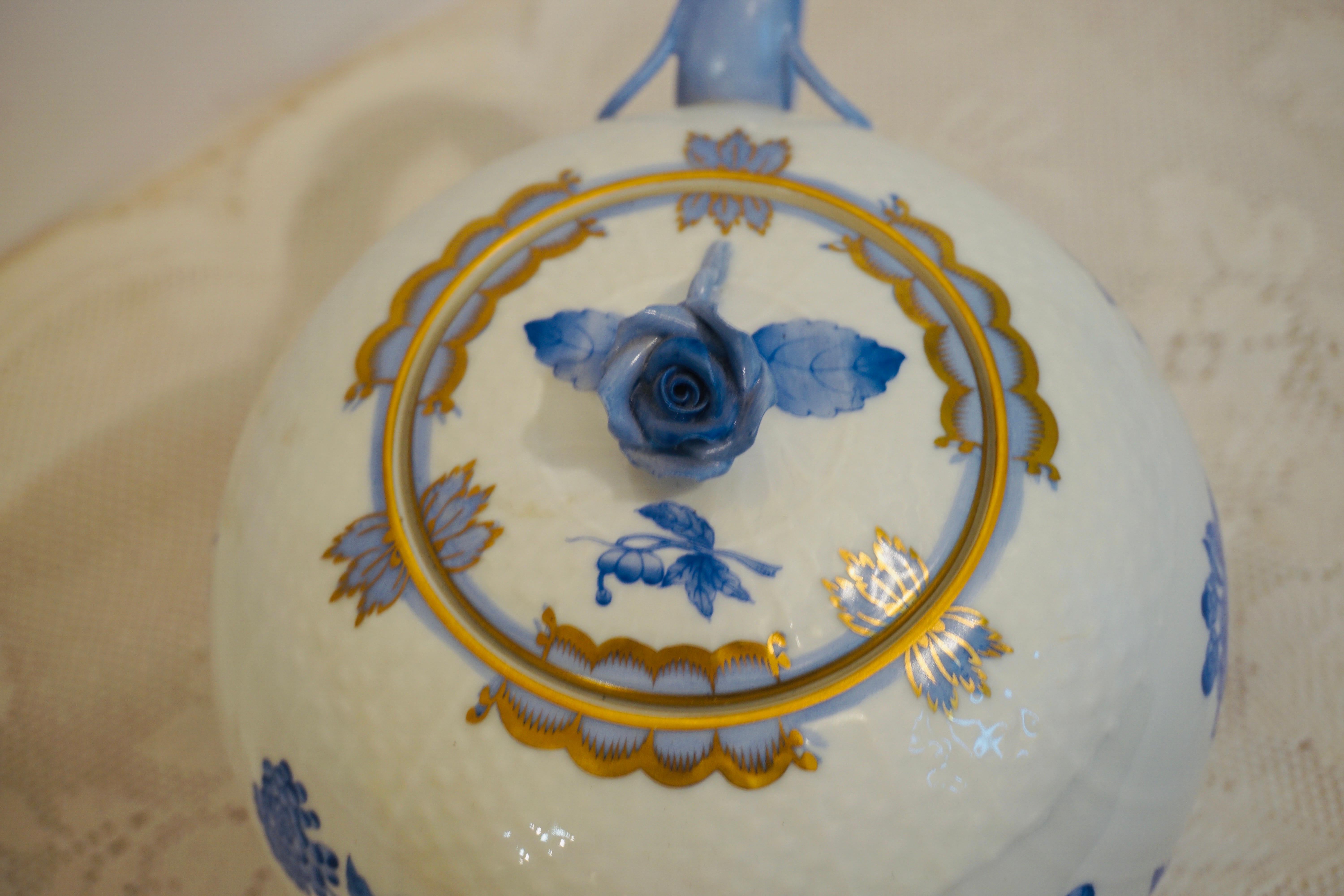 Herend Fortuna Blue and White Teapot Painted with Butterflies and Flowers 4