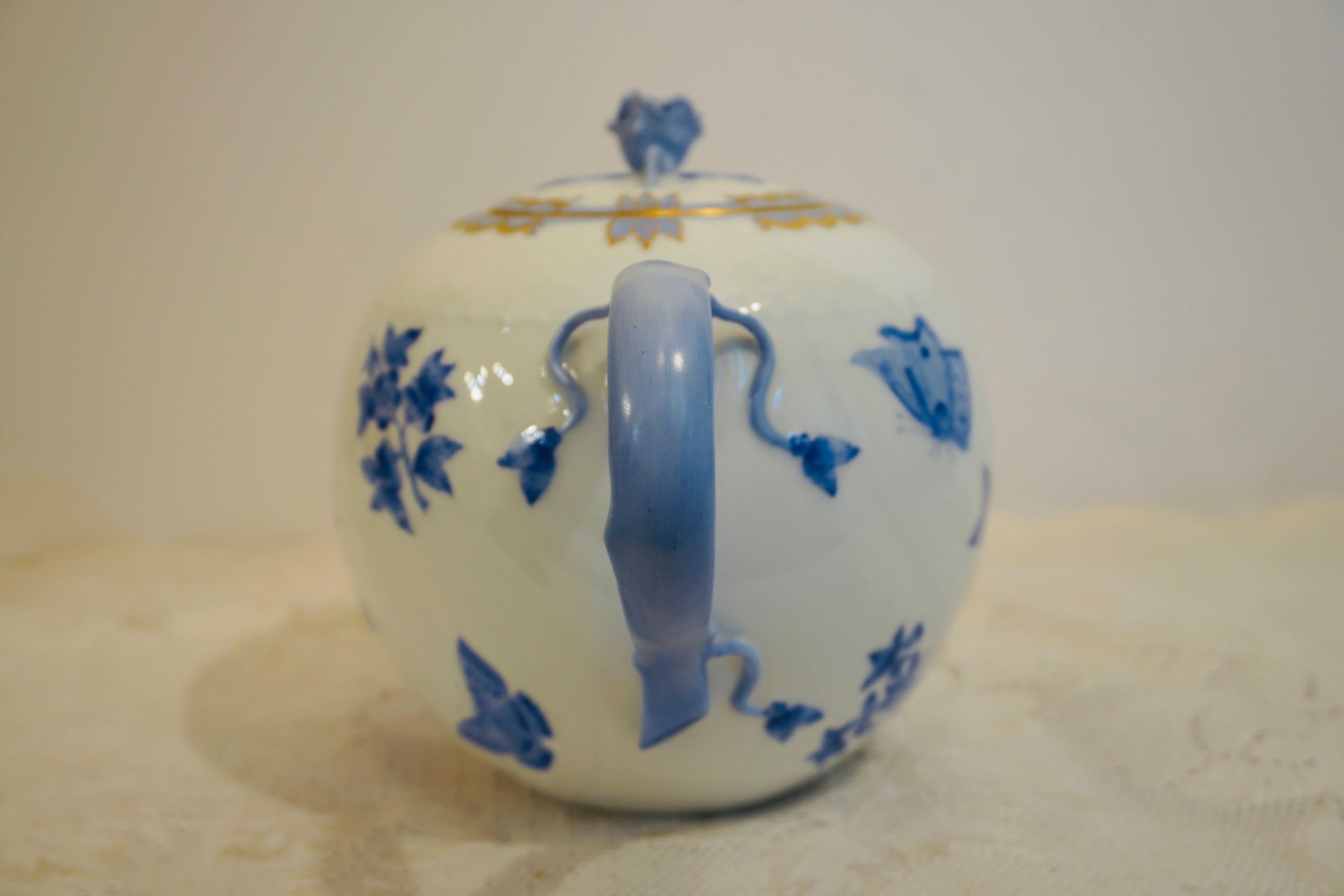 Herend Fortuna Blue and White Teapot Painted with Butterflies and Flowers 5