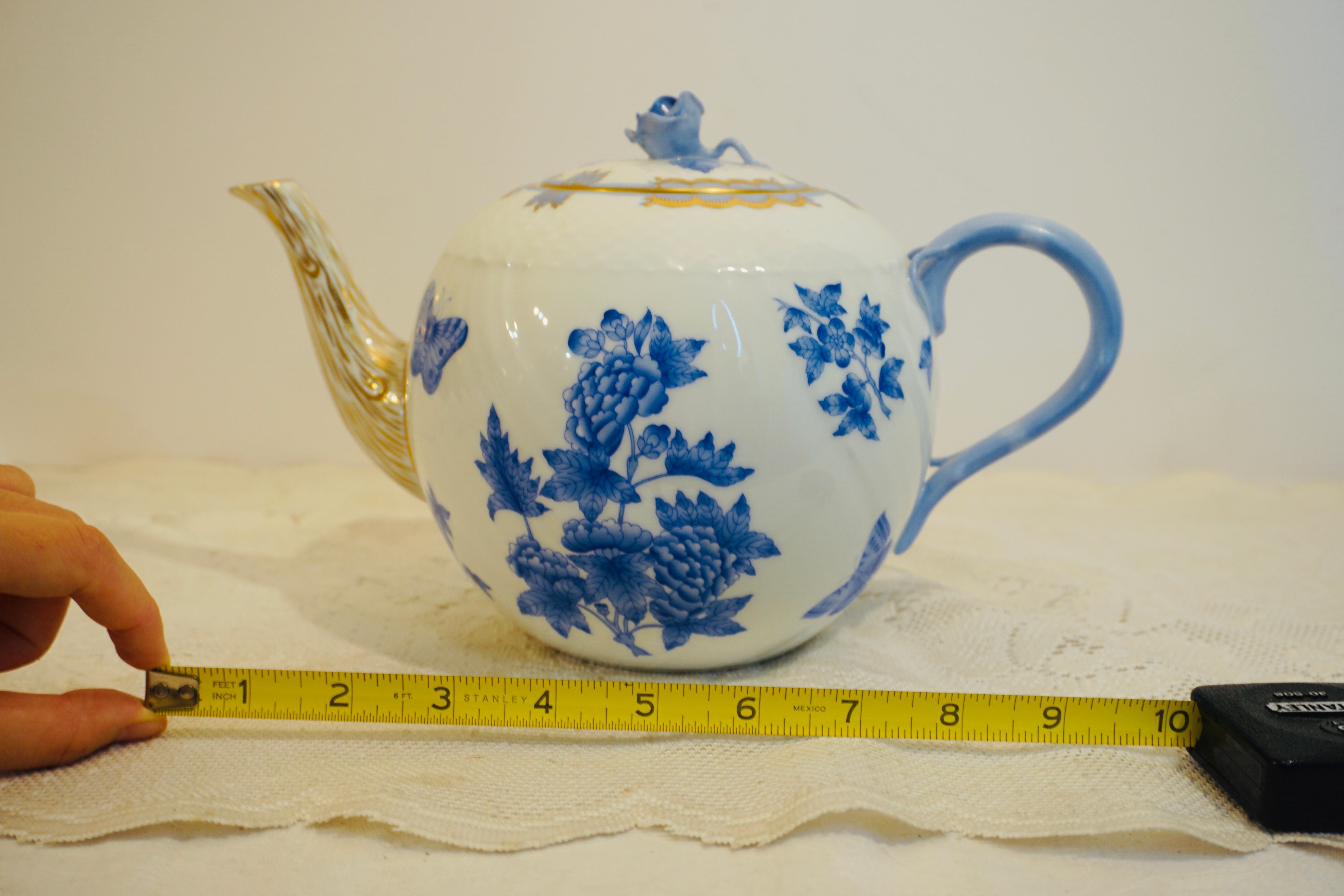 Romantic Herend Fortuna Blue and White Teapot Painted with Butterflies and Flowers