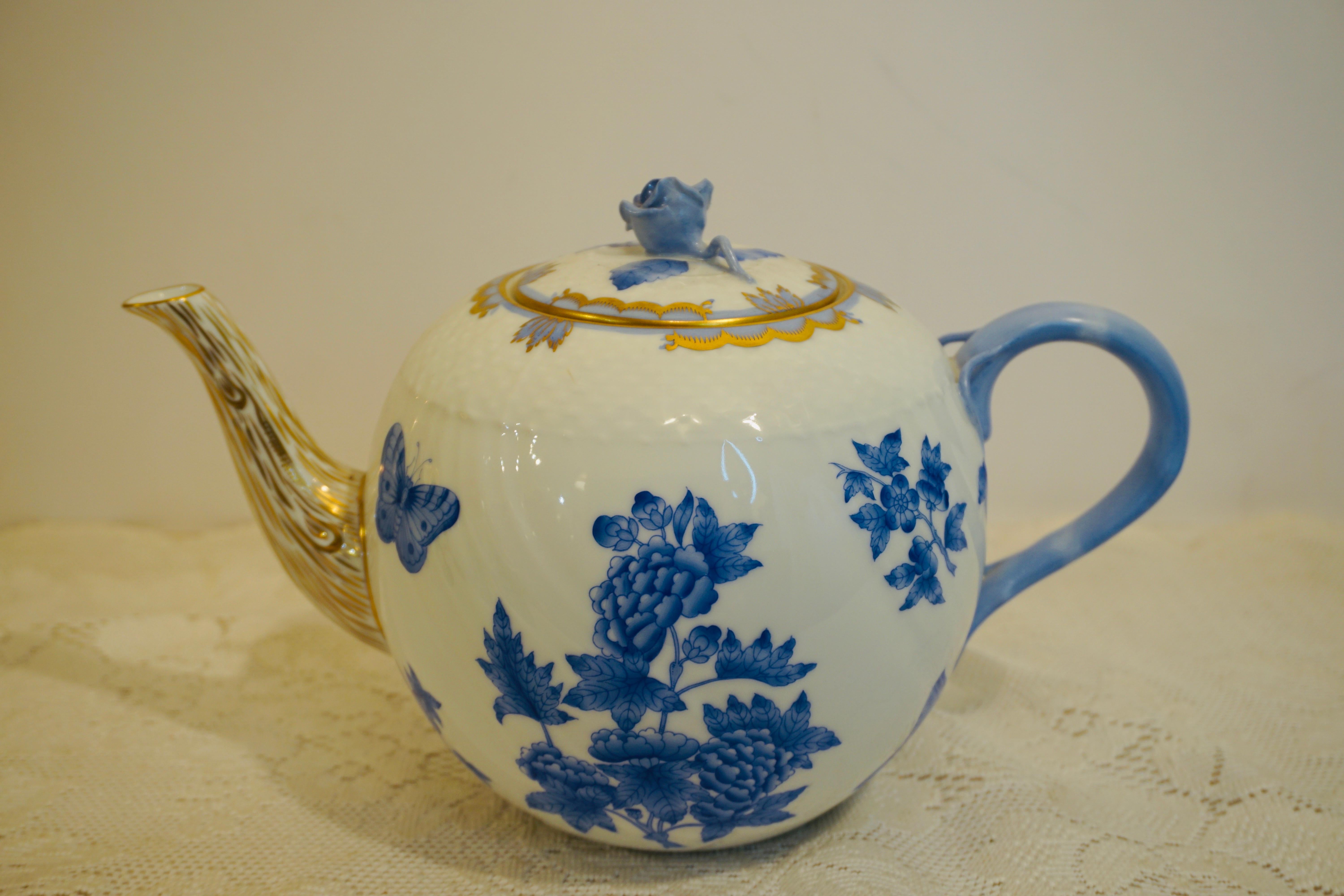 Hungarian Herend Fortuna Blue and White Teapot Painted with Butterflies and Flowers