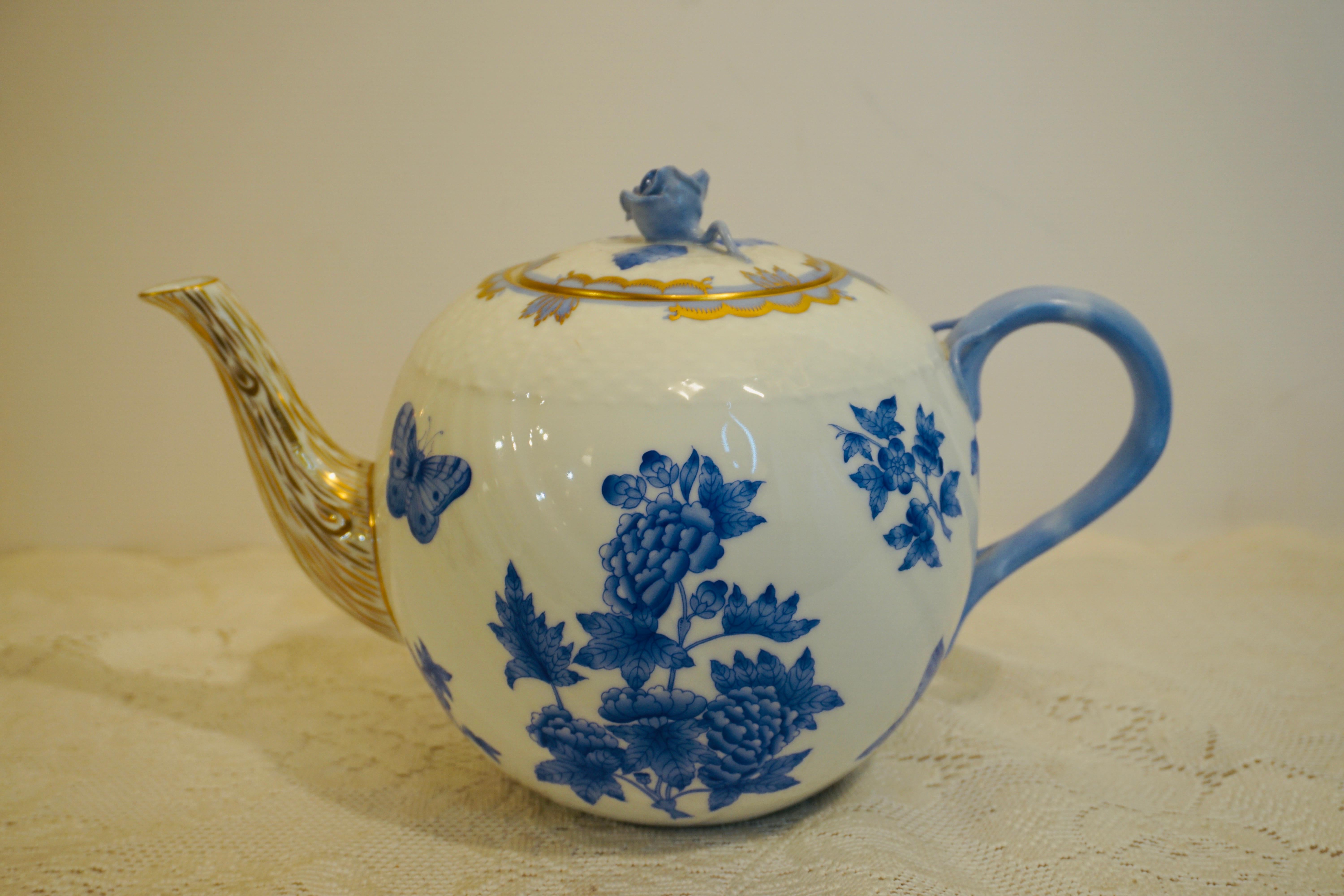 Hand-Painted Herend Fortuna Blue and White Teapot Painted with Butterflies and Flowers