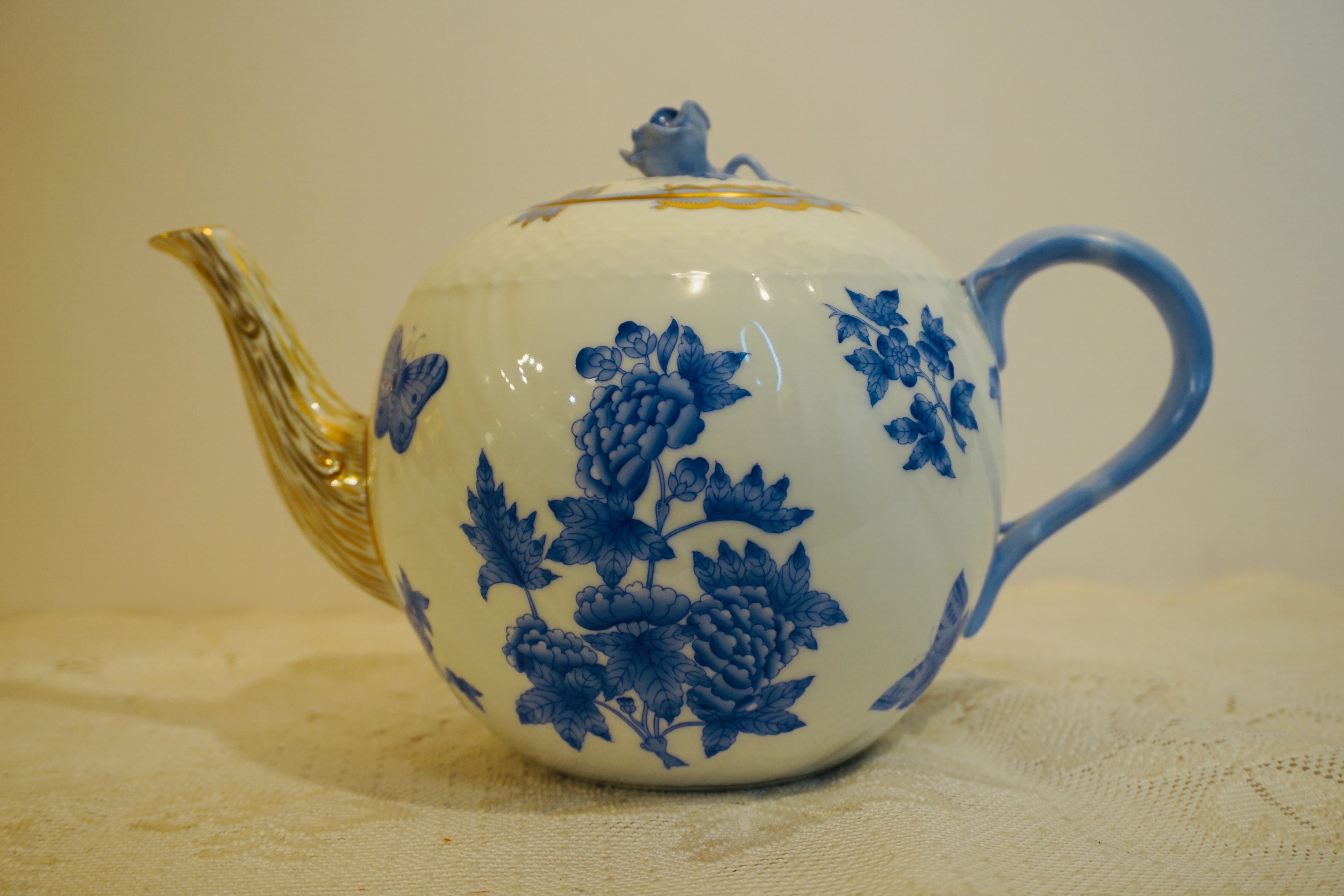 Late 20th Century Herend Fortuna Blue and White Teapot Painted with Butterflies and Flowers