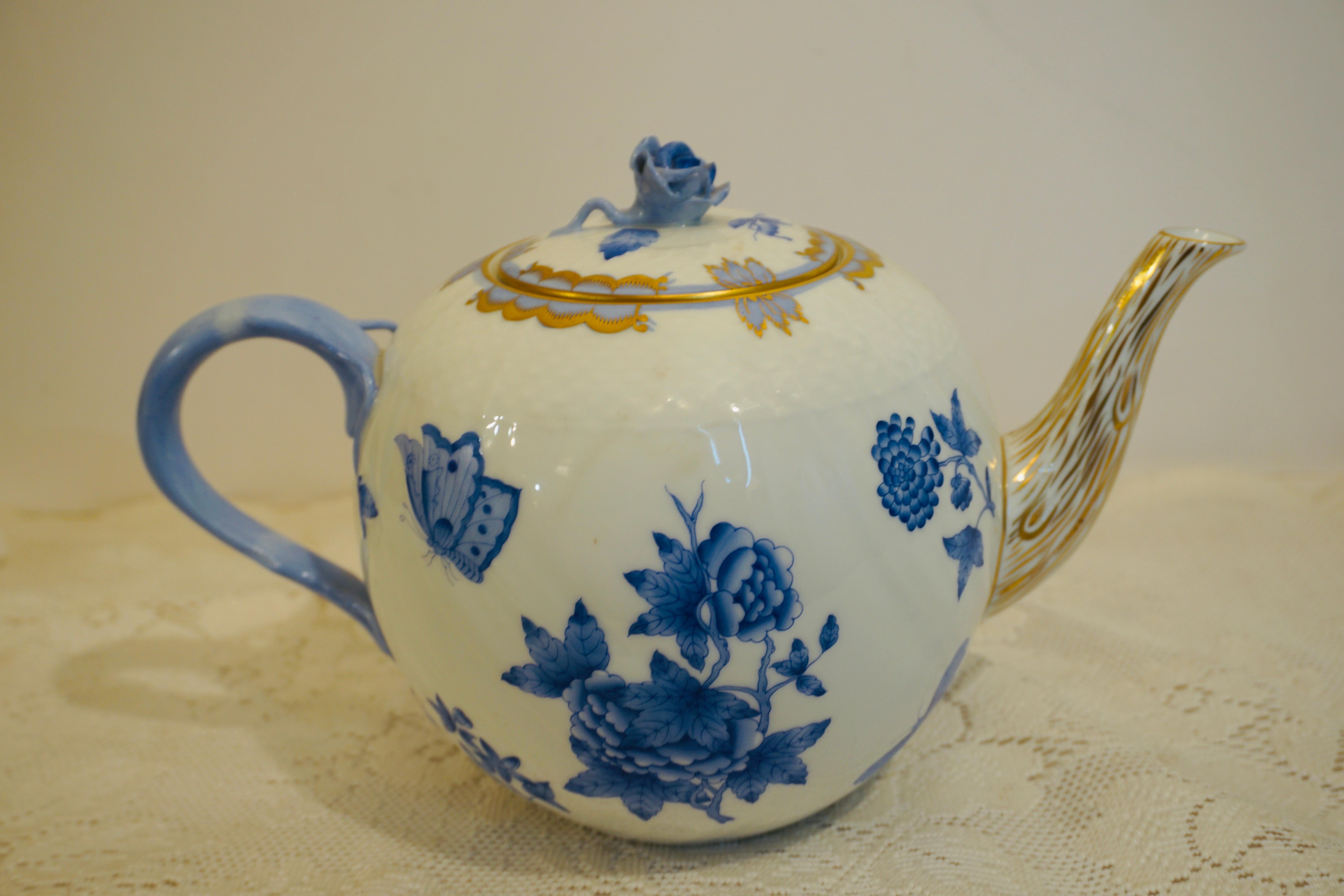 Porcelain Herend Fortuna Blue and White Teapot Painted with Butterflies and Flowers