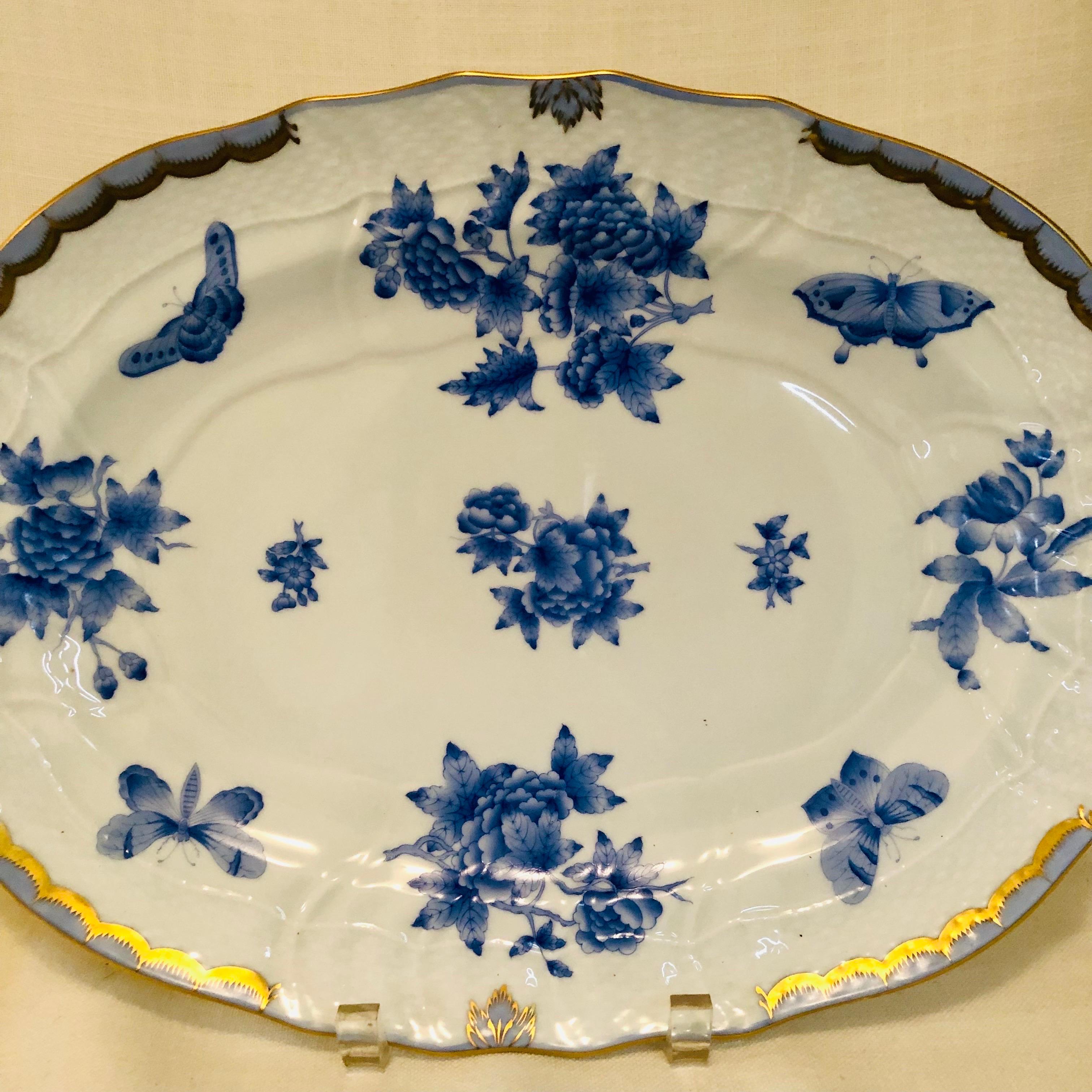 Late 20th Century Herend Fortuna Oval Platter Painted with Blue Butterflies and Flowers