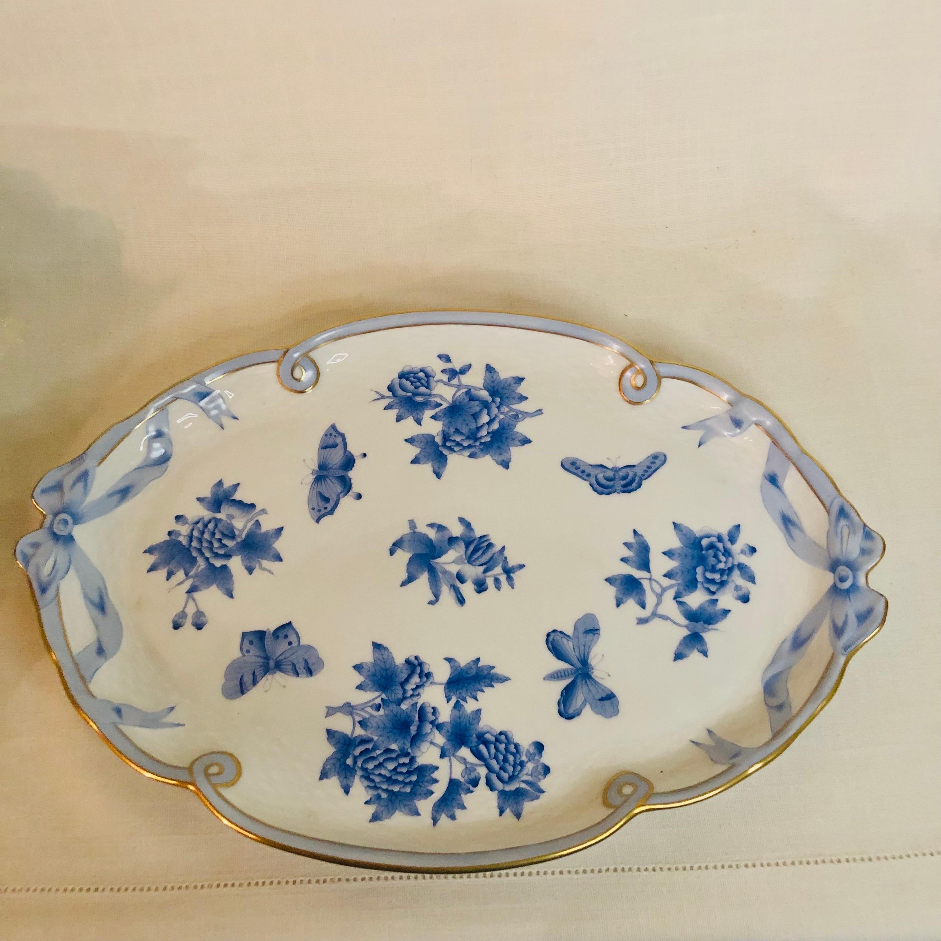 Romantic Herend Fortuna Serving or Tea Tray with Butterflies and Flowers and Bow Handles For Sale