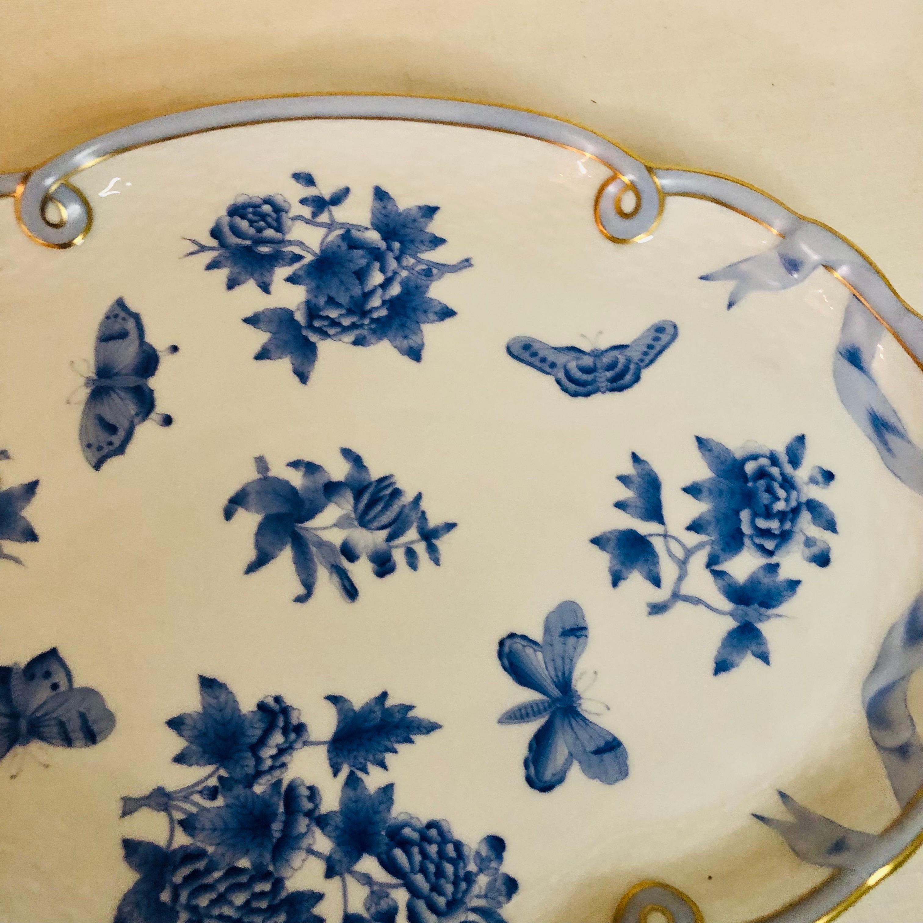 Herend Fortuna Serving or Tea Tray with Butterflies and Flowers and Bow Handles In Good Condition For Sale In Boston, MA