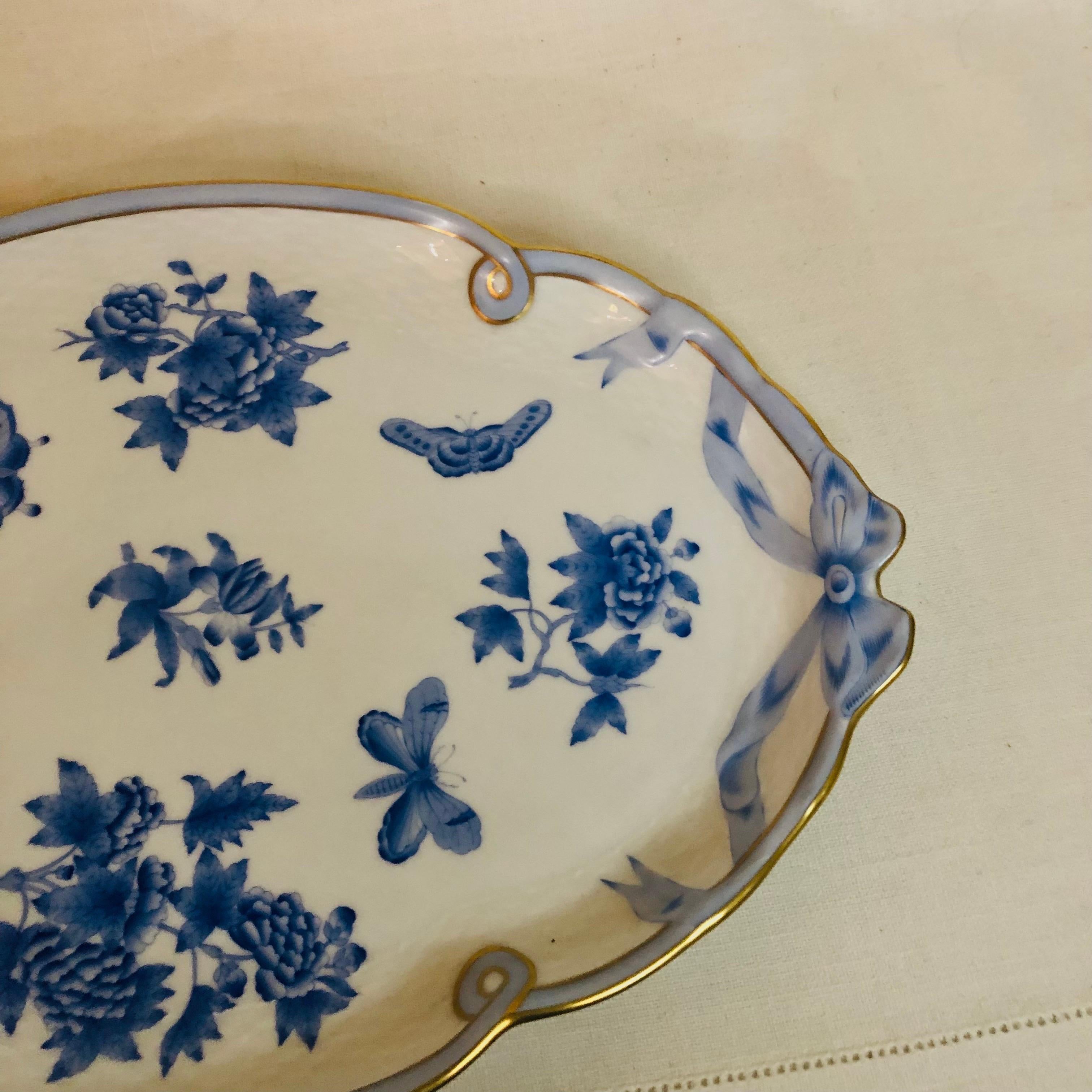 Late 20th Century Herend Fortuna Serving or Tea Tray with Butterflies and Flowers and Bow Handles For Sale