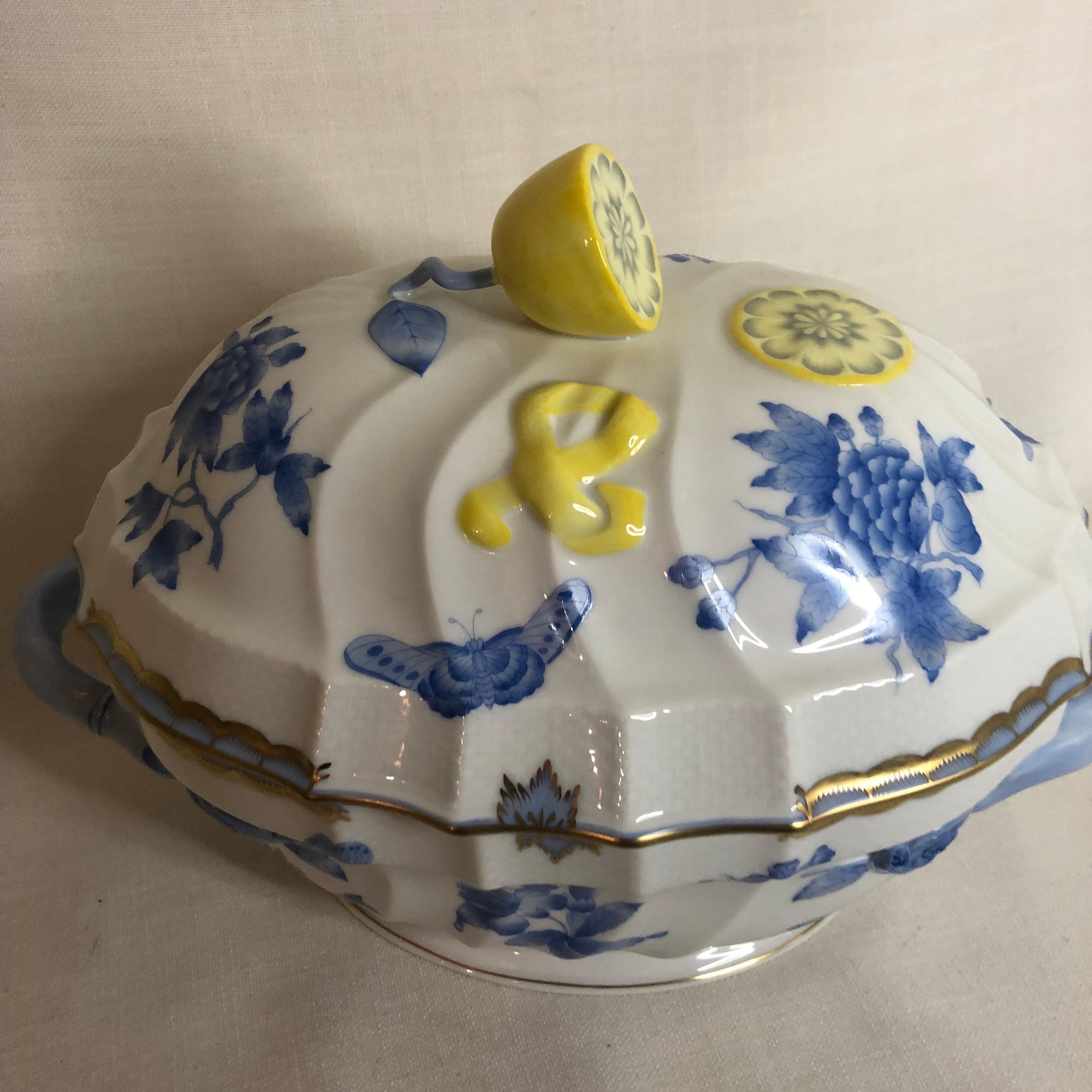 Hungarian Herend Fortuna Soup Tureen Painted With Butterflies & Flowers & A Lemon on Top For Sale