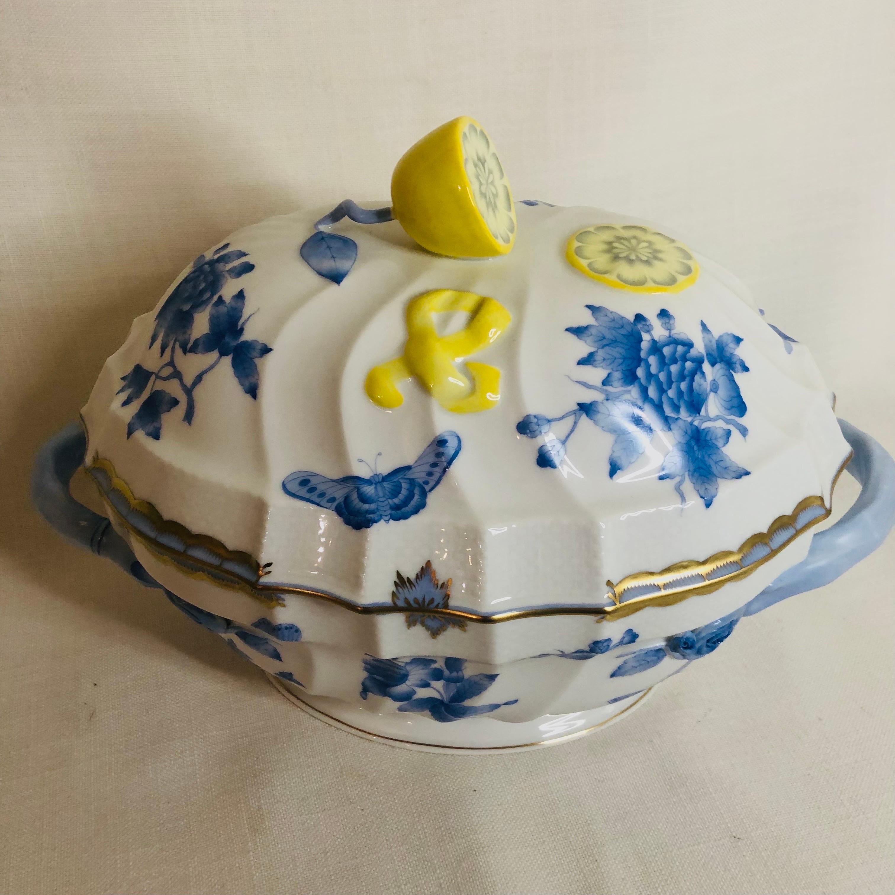 Hand-Painted Herend Fortuna Soup Tureen Painted With Butterflies & Flowers & A Lemon on Top For Sale