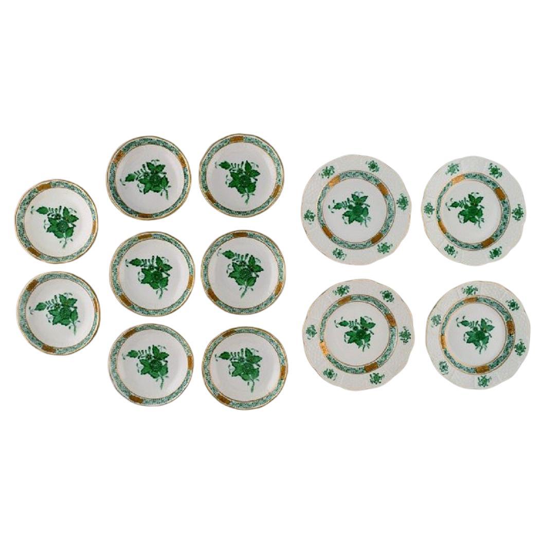Herend Green Chinese Bouquet, Eight Small Bowls and Four Plates in Porcelain