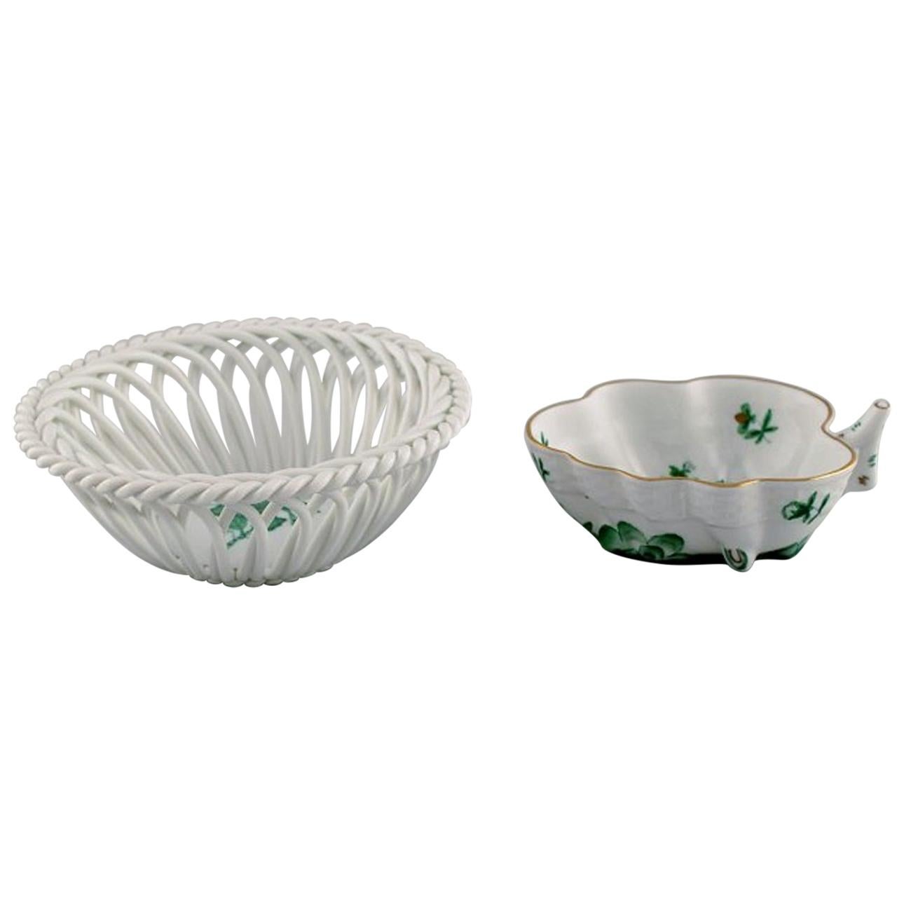 Herend "Green Chinese Bouquet", Two Porcelain Bowls with Gold Decoration