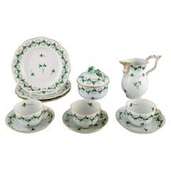 Vintage Herend Green Clover Coffee Service for Three People in Hand-Painted Porcelain