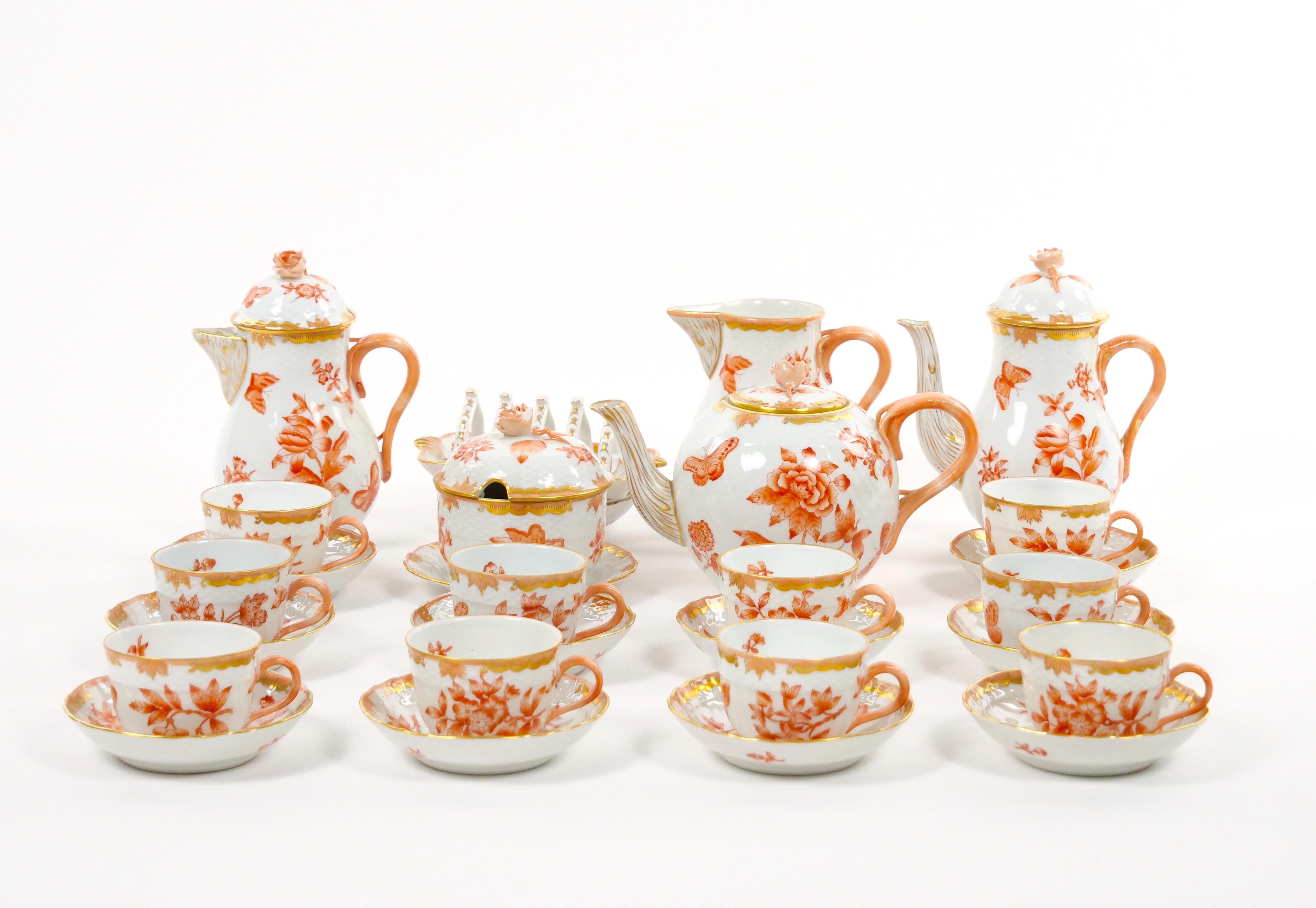 Hungarian Herend Hand Painted & Gilt Decorated Glazed Porcelain Coffee Set / Ten People For Sale