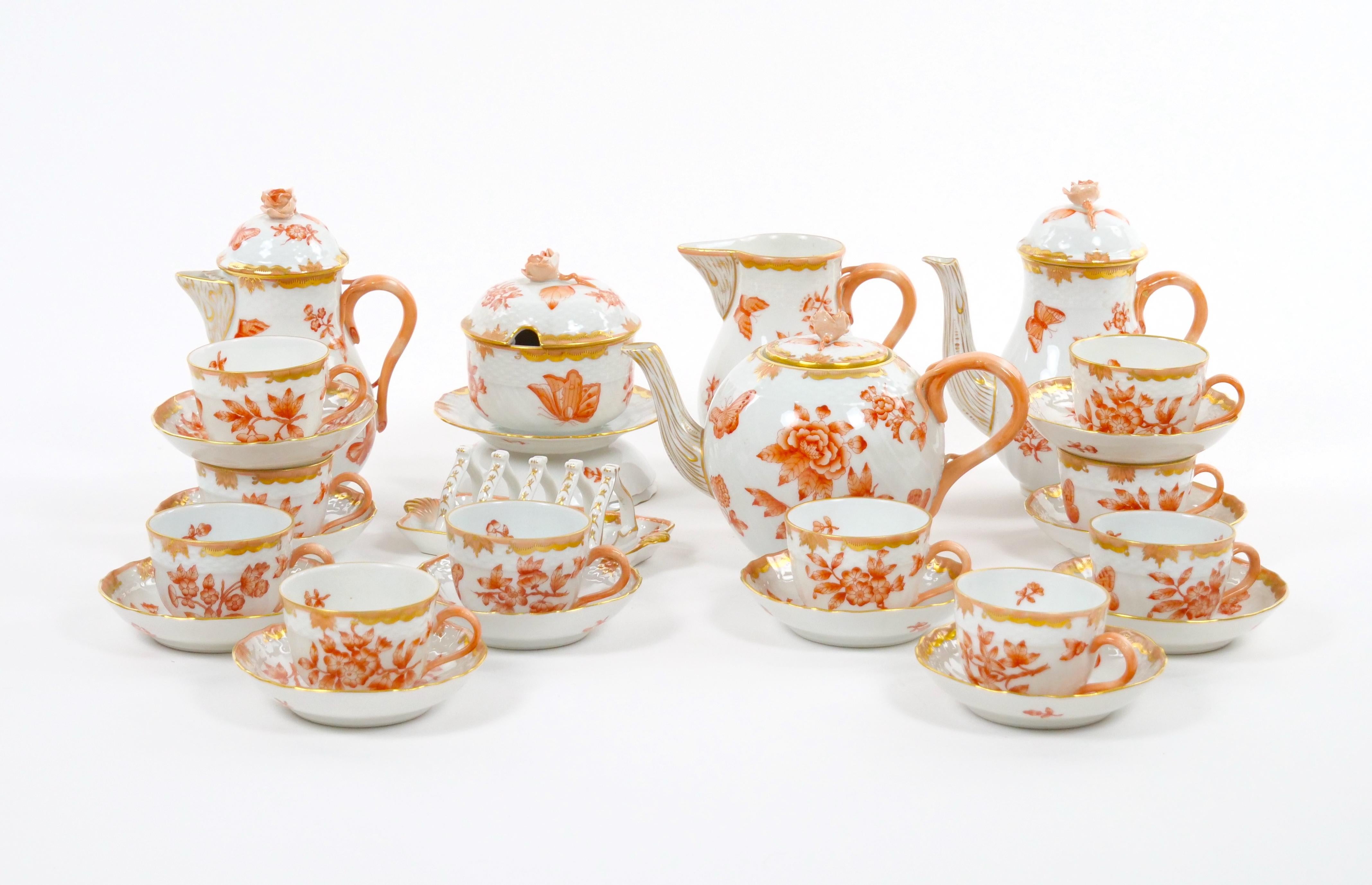 Herend Hand Painted & Gilt Decorated Glazed Porcelain Coffee Set / Ten People In Good Condition For Sale In Tarry Town, NY