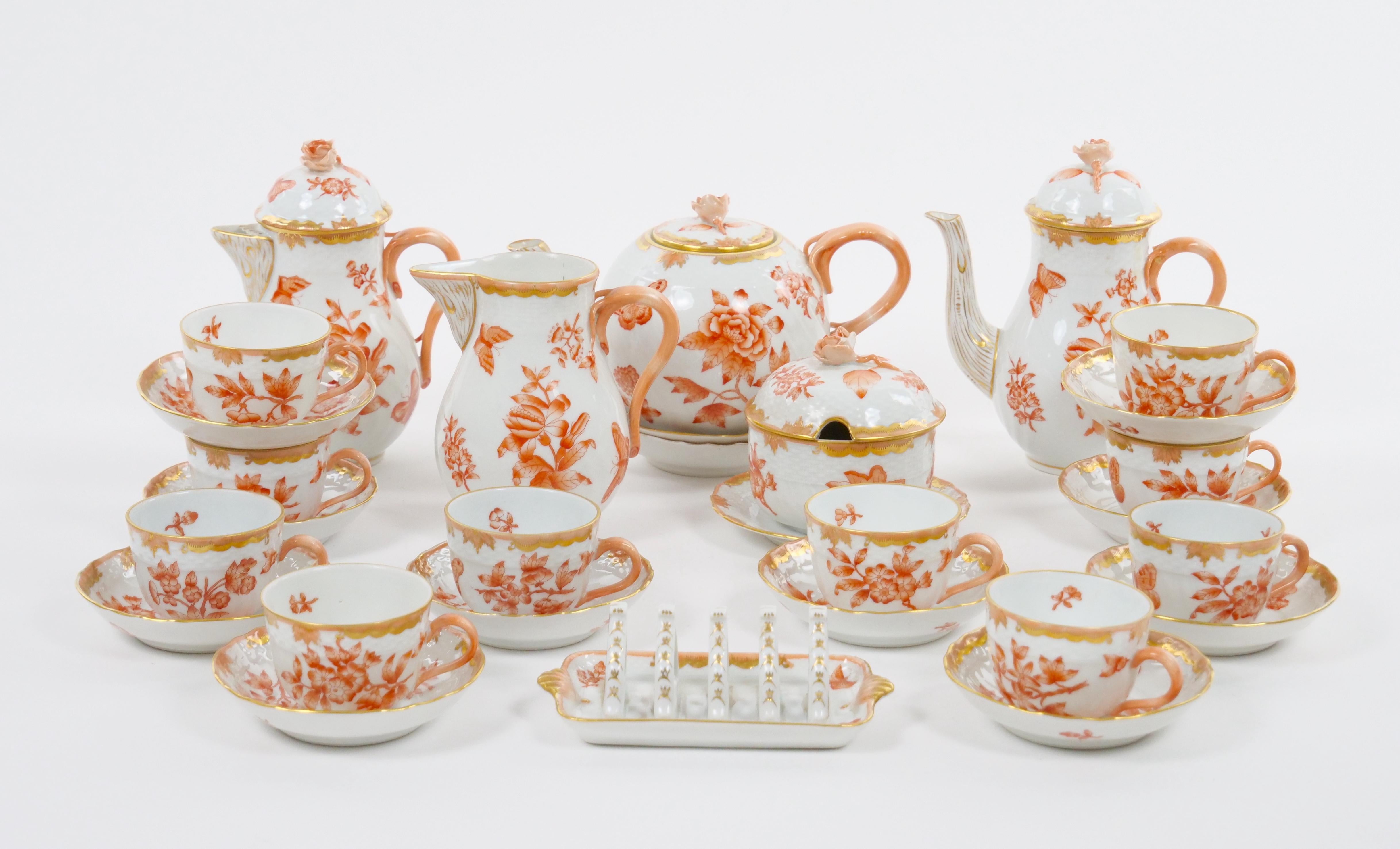 20th Century Herend Hand Painted & Gilt Decorated Glazed Porcelain Coffee Set / Ten People For Sale