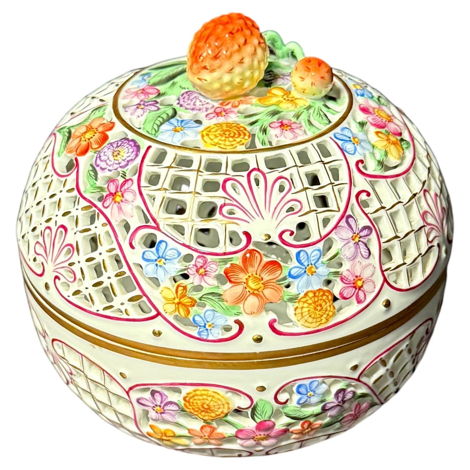 Herend Hand-Painted Pierced Porcelain Covered Box With Floral Decoration