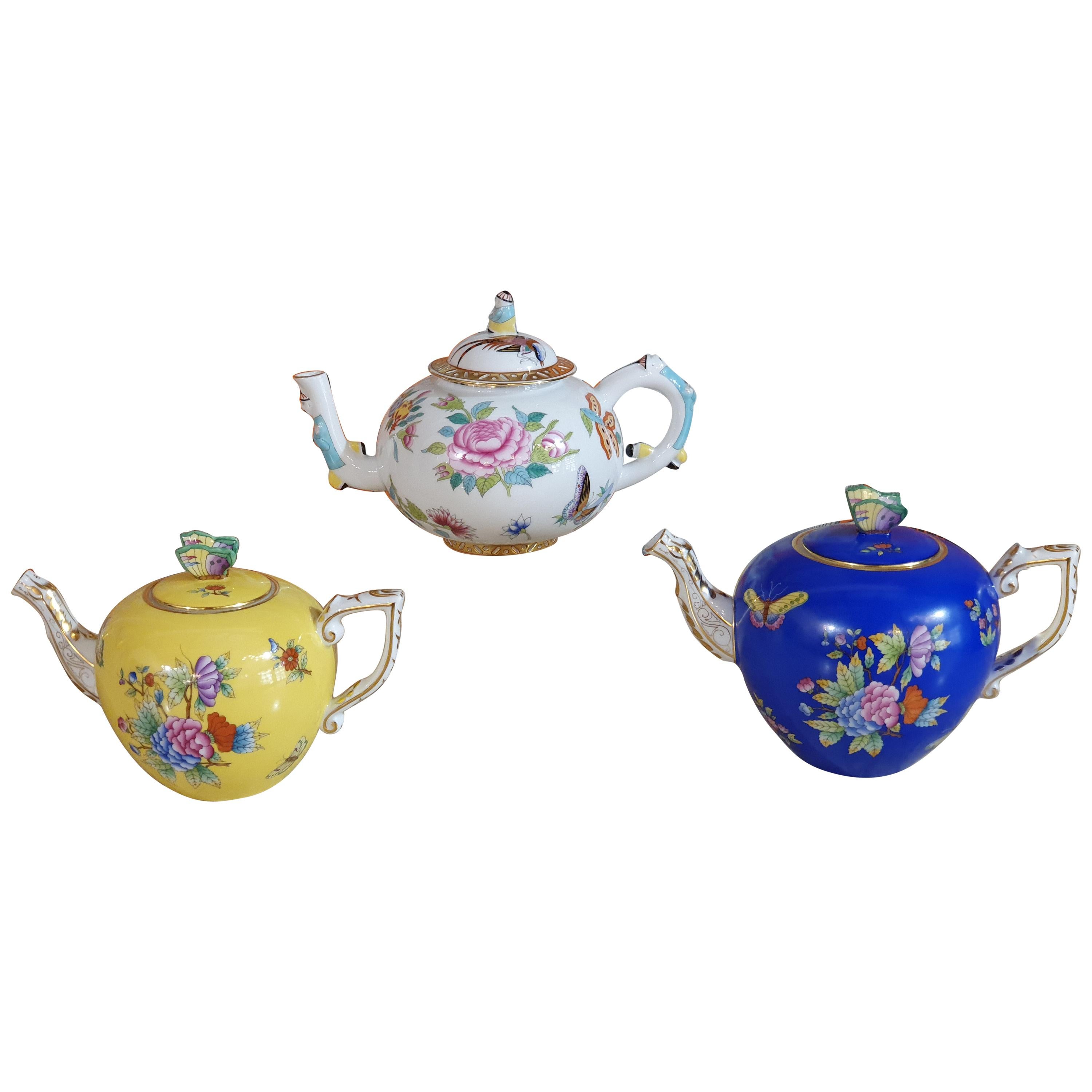 Herend Hand Painted Polycrome Porcelain Set of Three Teapot, Hungary, Modern