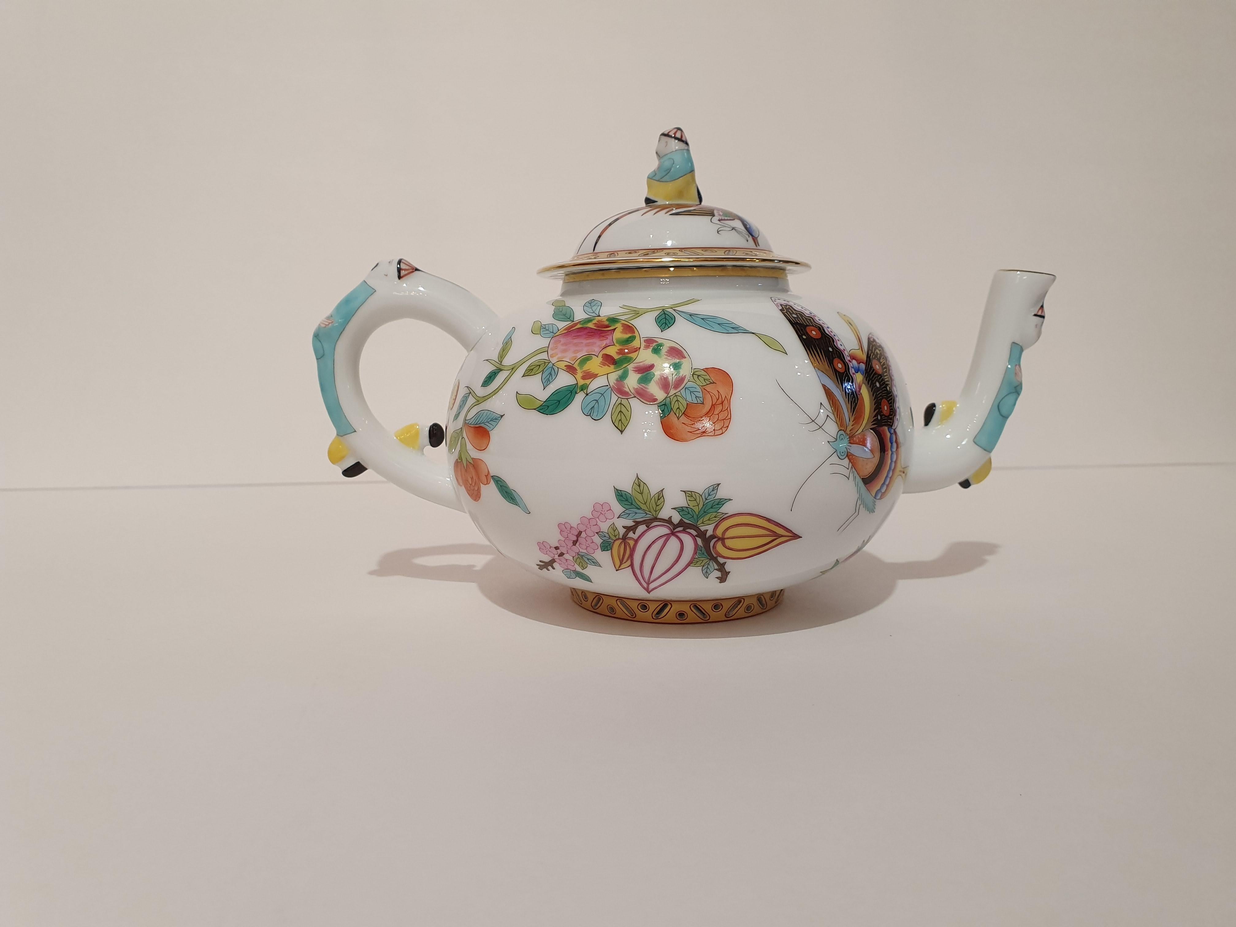 Gilt Herend Hand Painted Polycrome Porcelain Set of Two Teapot, Hungary, Modern