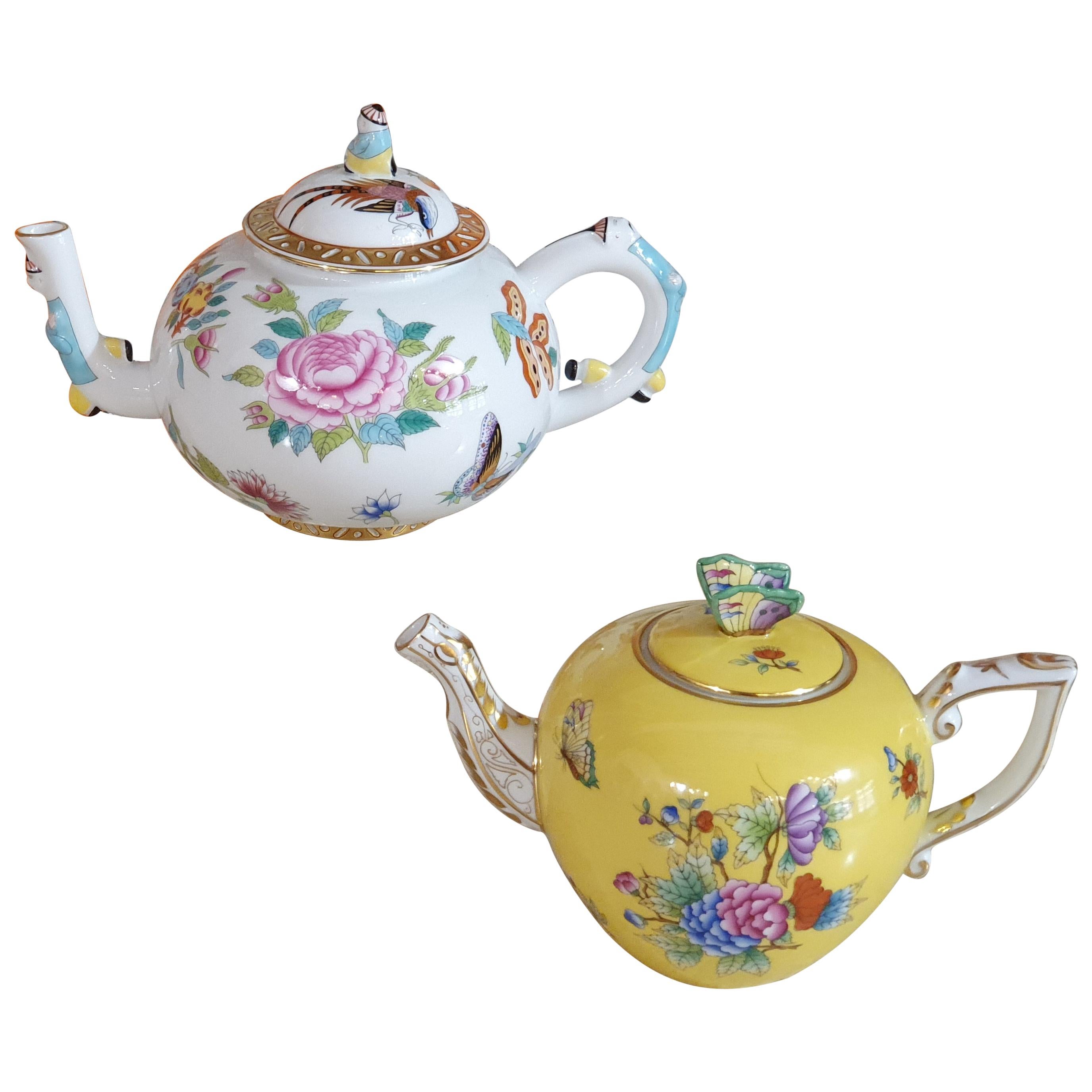 Herend Hand Painted Polycrome Porcelain Set of Two Teapot, Hungary, Modern
