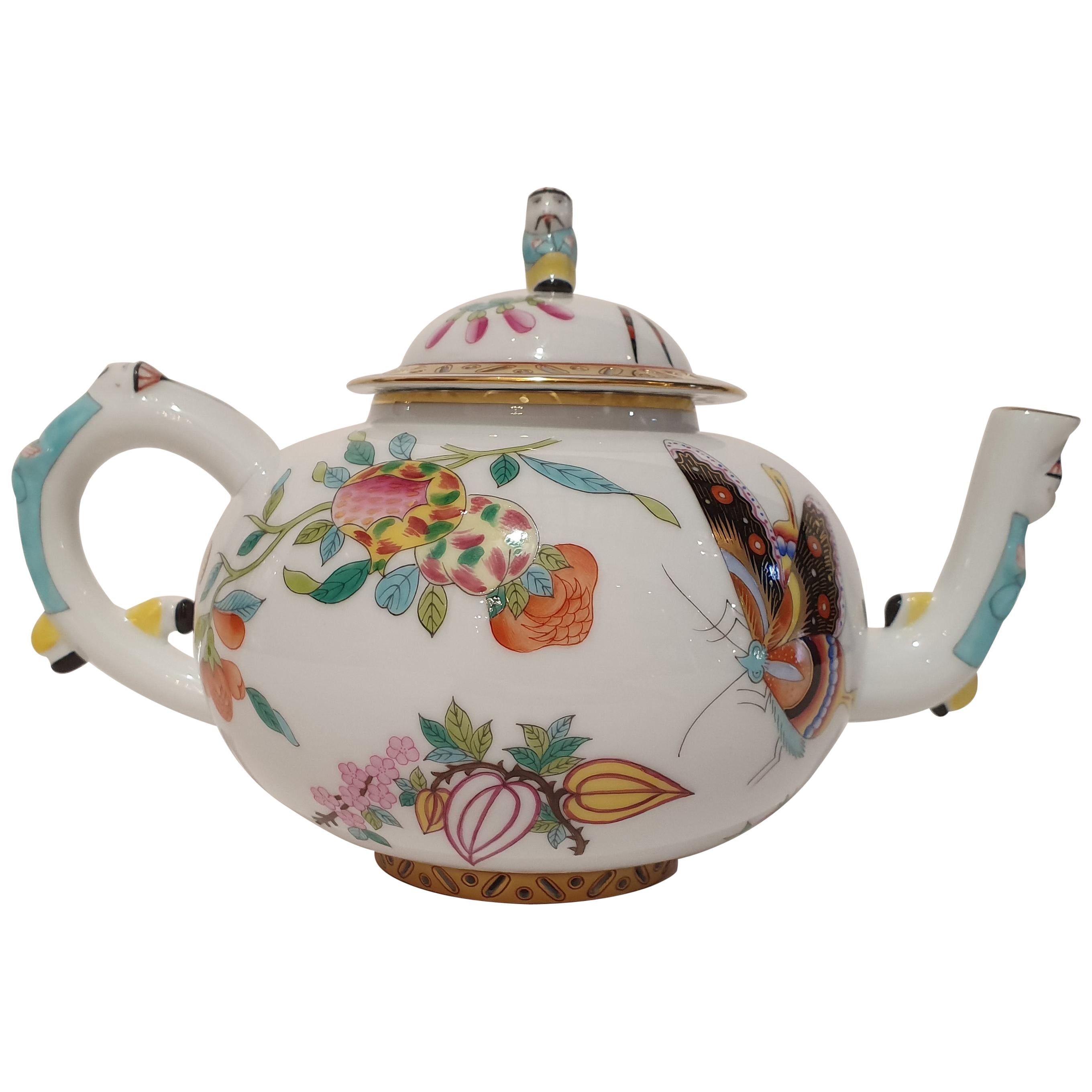 Herend Hand Painted Polycrome Porcelain Teapot, Hungary, Modern at