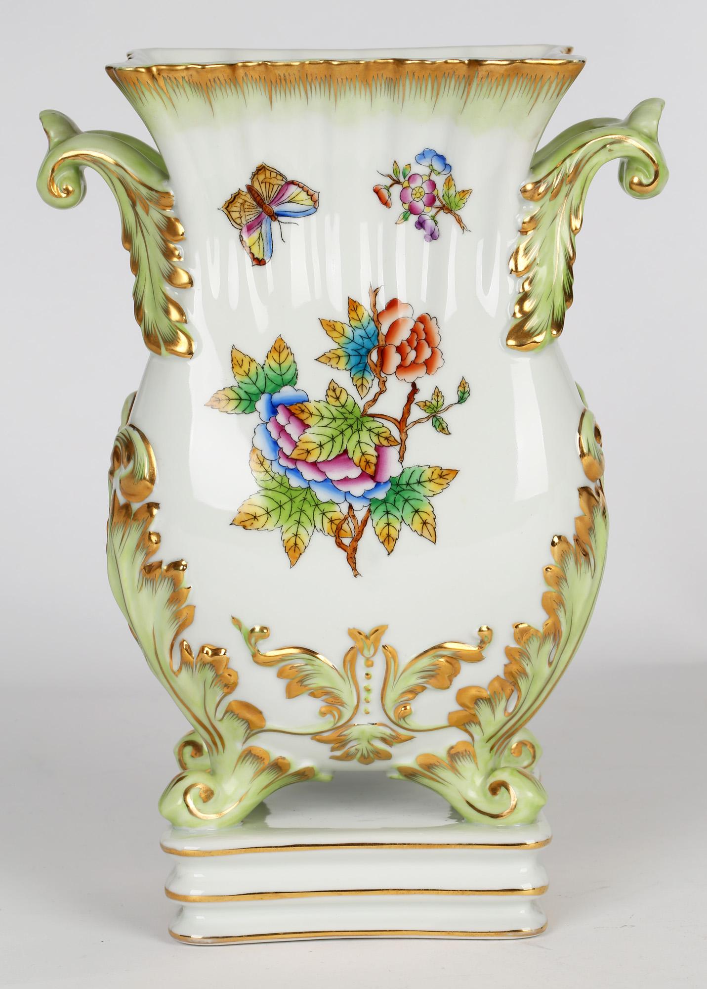 Hand-Painted Herend Hungarian Large Porcelain Floral & Butterfly Hand Painted Vase