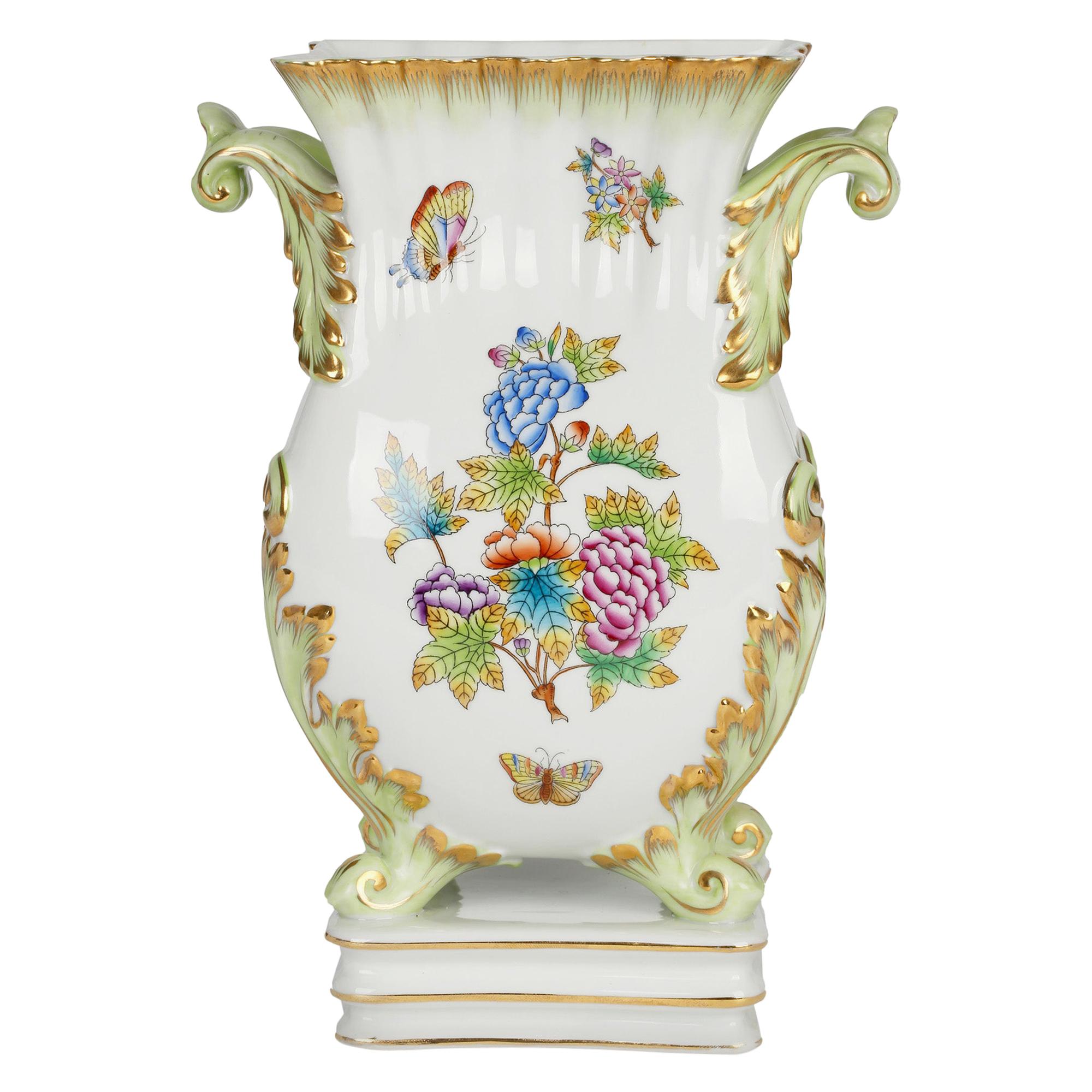 Herend Hungarian Large Porcelain Floral & Butterfly Hand Painted Vase