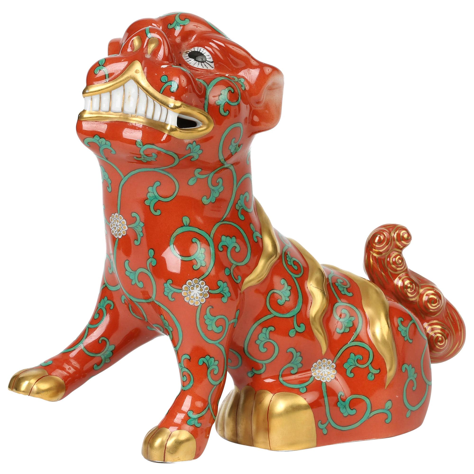 Herend Hungarian Midcentury Porcelain Oriental Godollo Red Painted Foo Dog