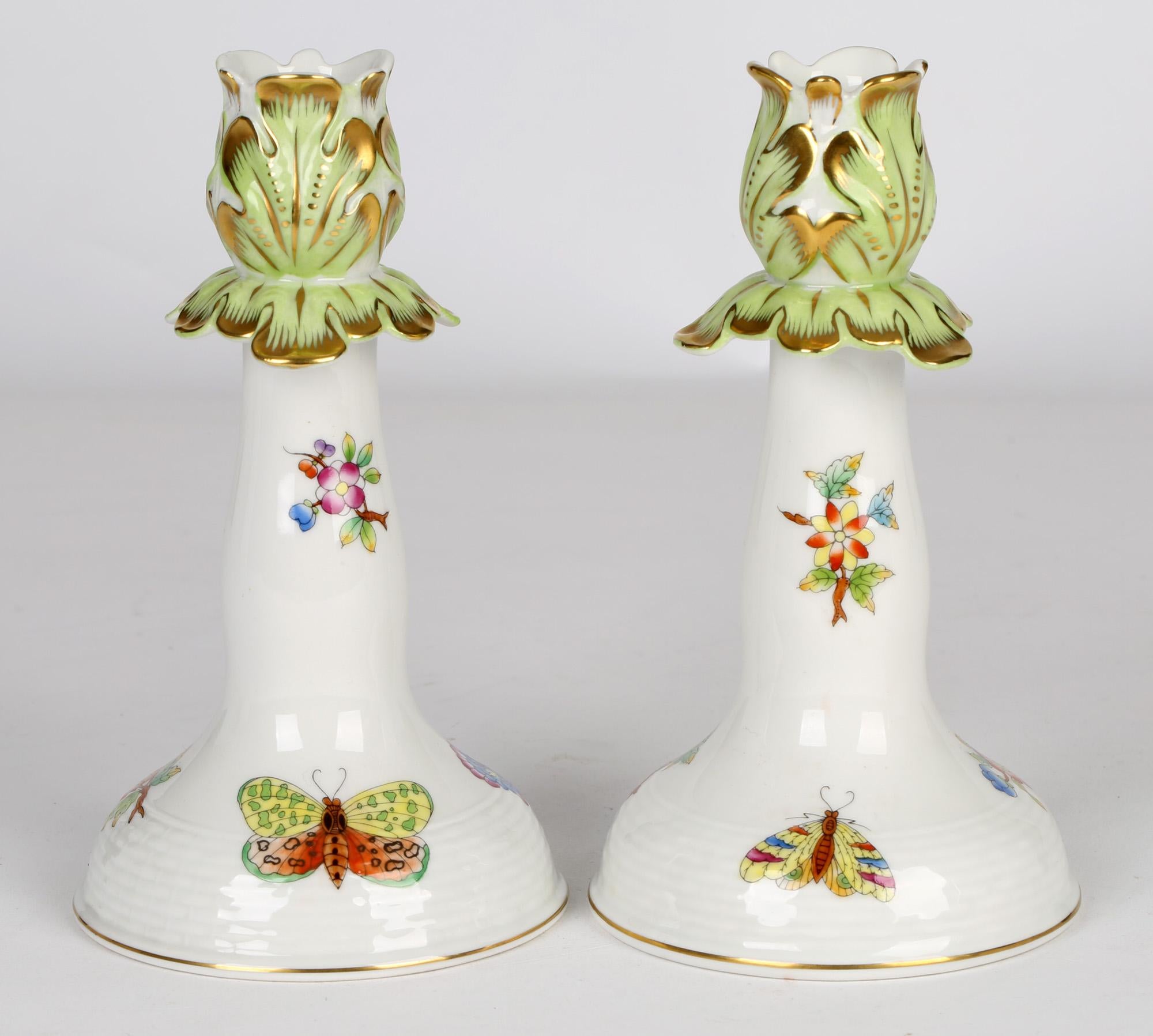 Herend Hungarian Pair Porcelain Floral & Butterfly Painted Candlesticks 3