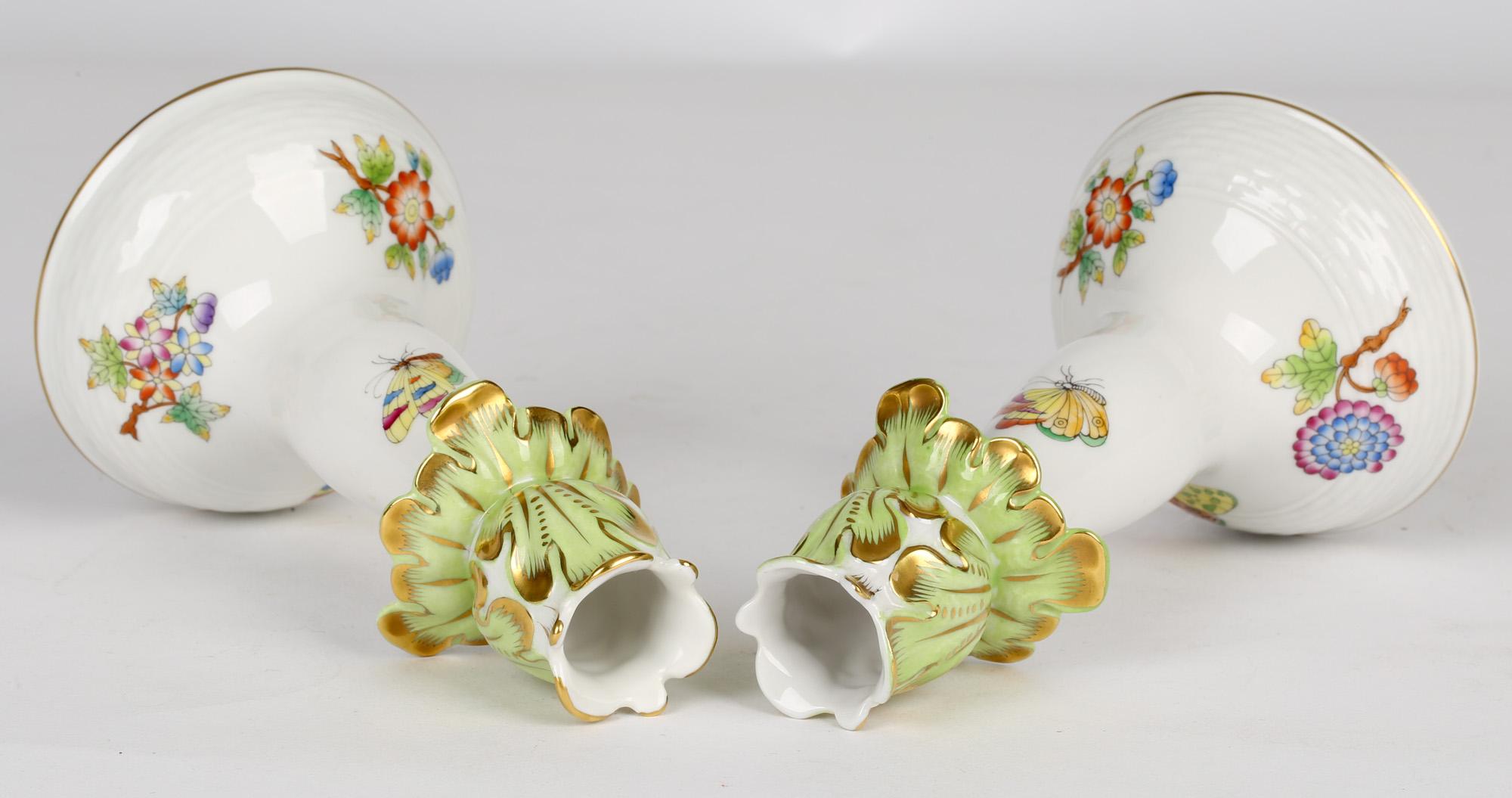 Herend Hungarian Pair Porcelain Floral & Butterfly Painted Candlesticks 5