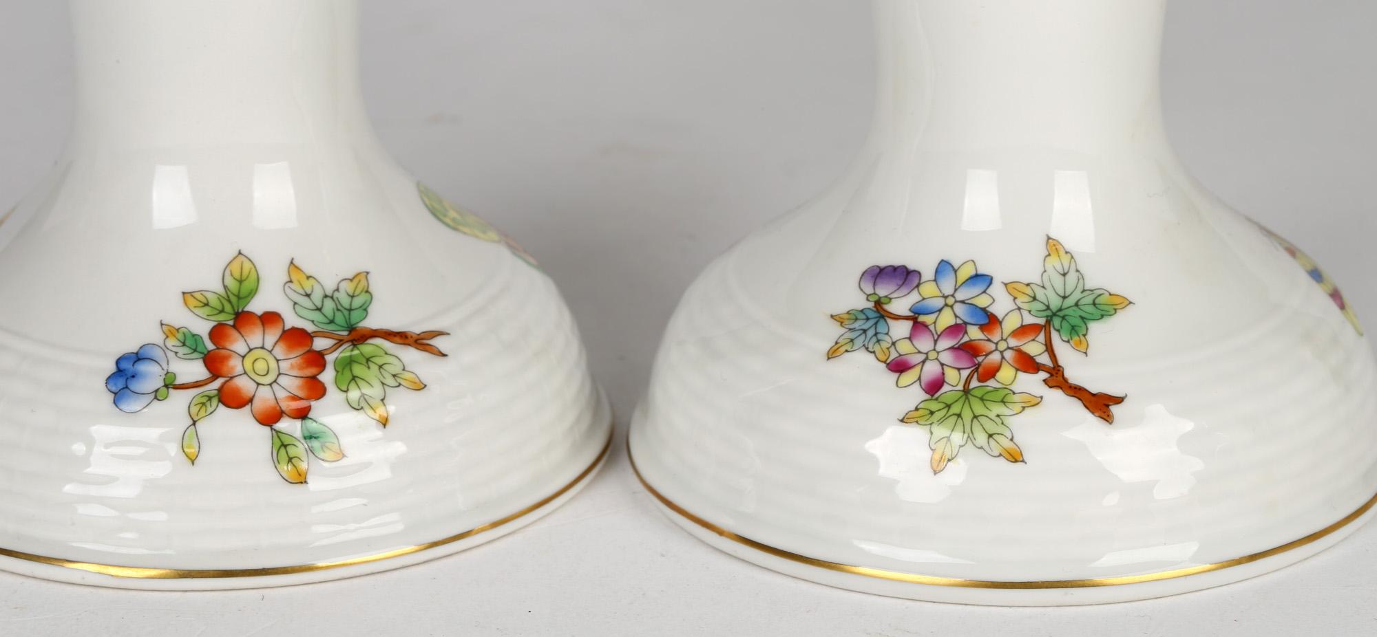 Herend Hungarian Pair Porcelain Floral & Butterfly Painted Candlesticks 6