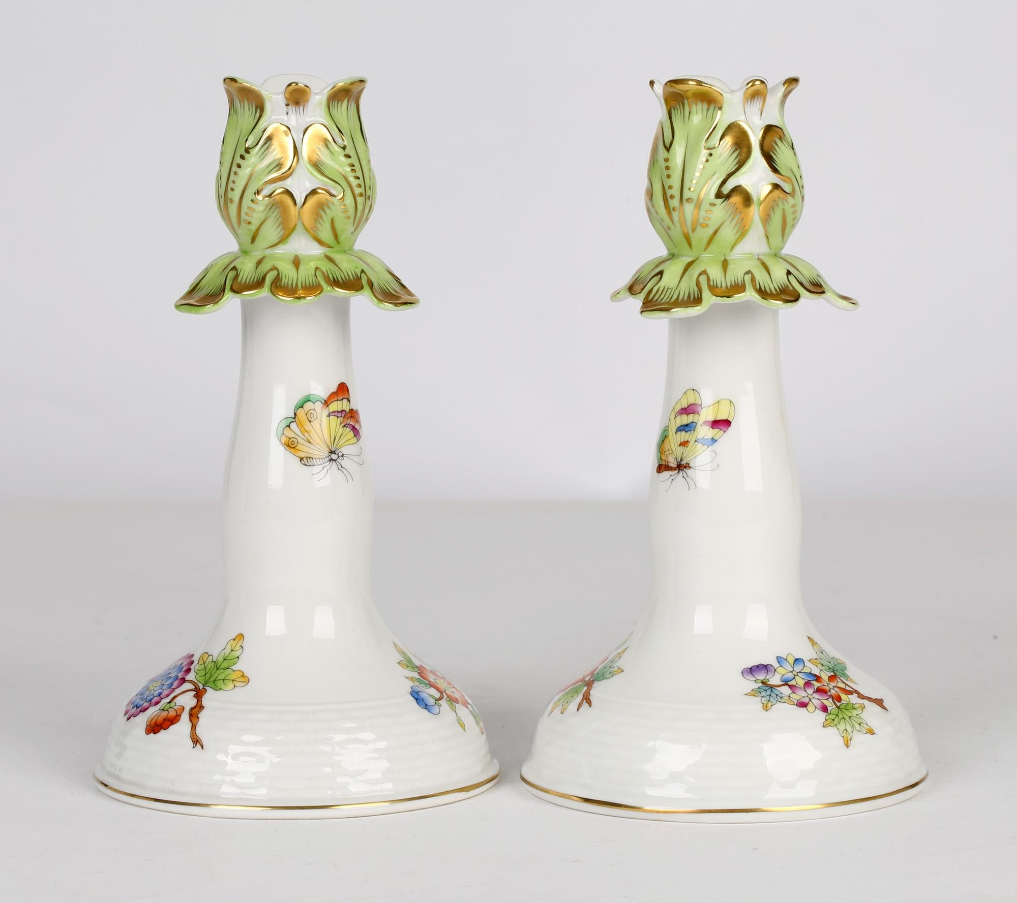 Herend Hungarian Pair Porcelain Floral & Butterfly Painted Candlesticks In Good Condition In Bishop's Stortford, Hertfordshire