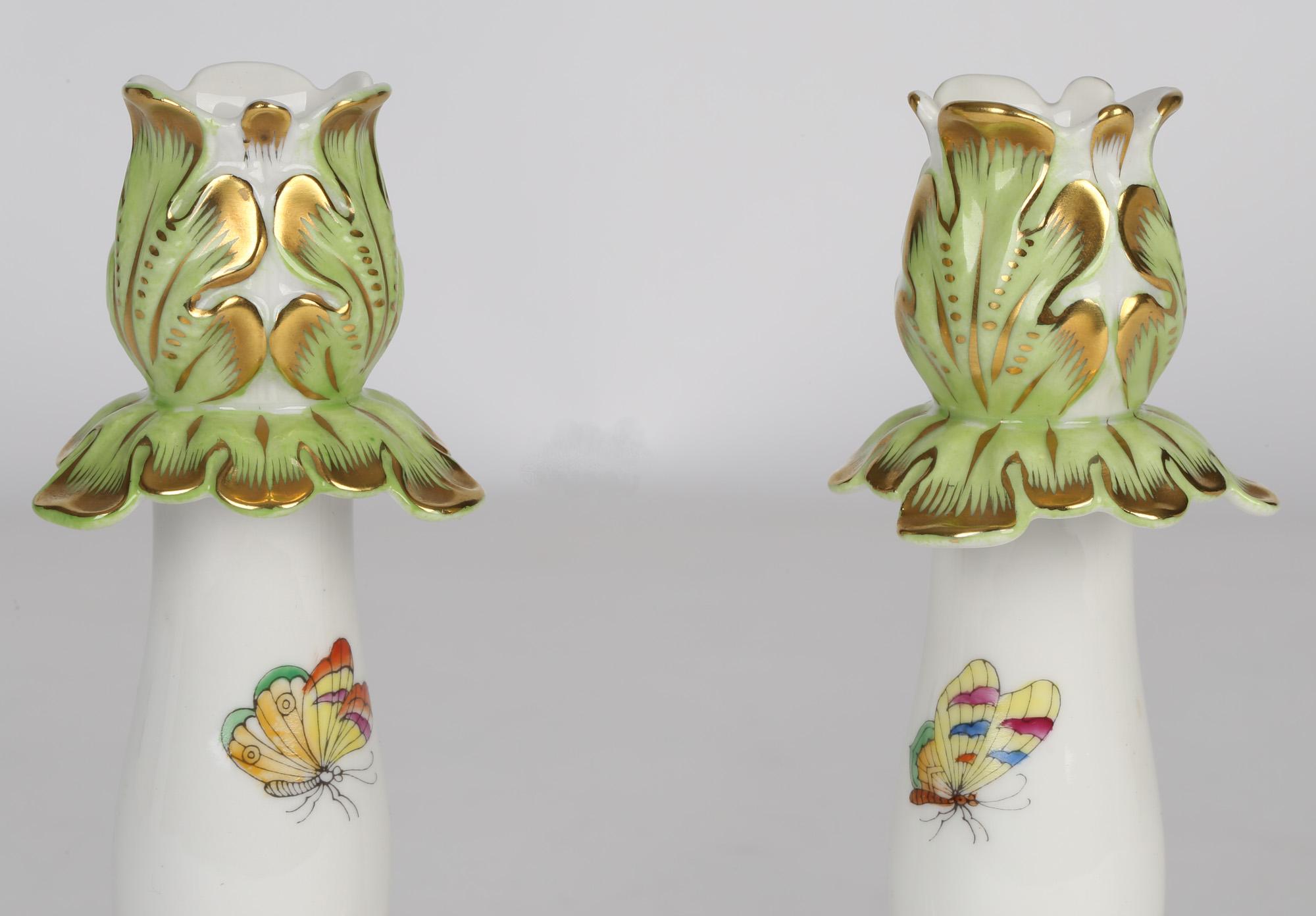 20th Century Herend Hungarian Pair Porcelain Floral & Butterfly Painted Candlesticks