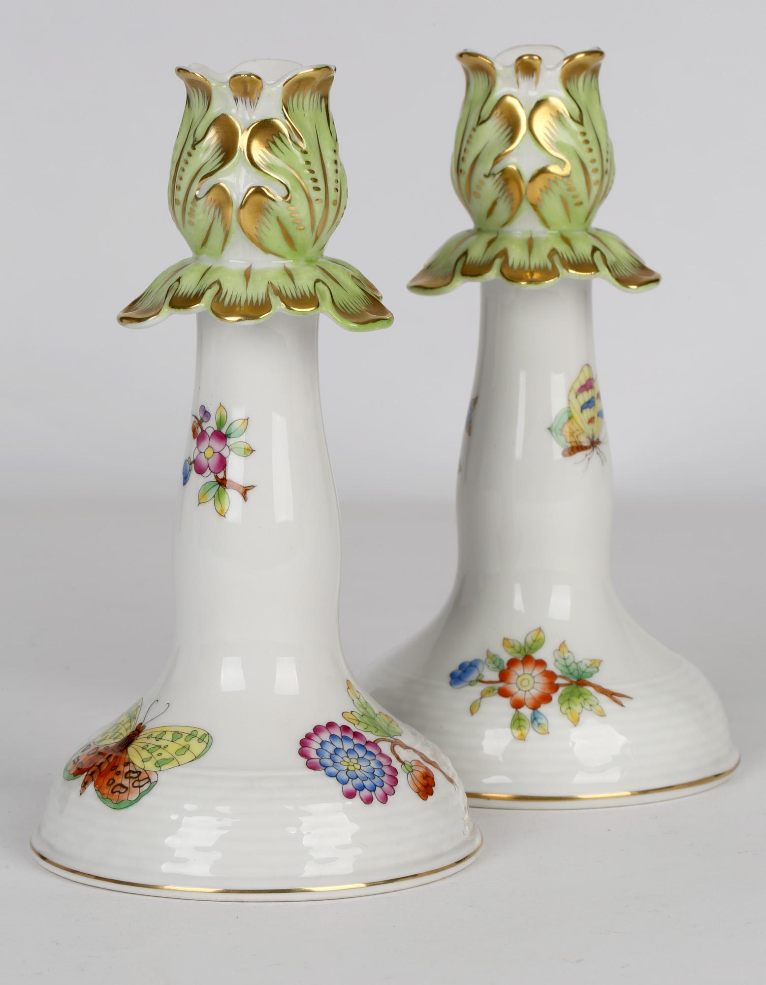 Herend Hungarian Pair Porcelain Floral & Butterfly Painted Candlesticks 1