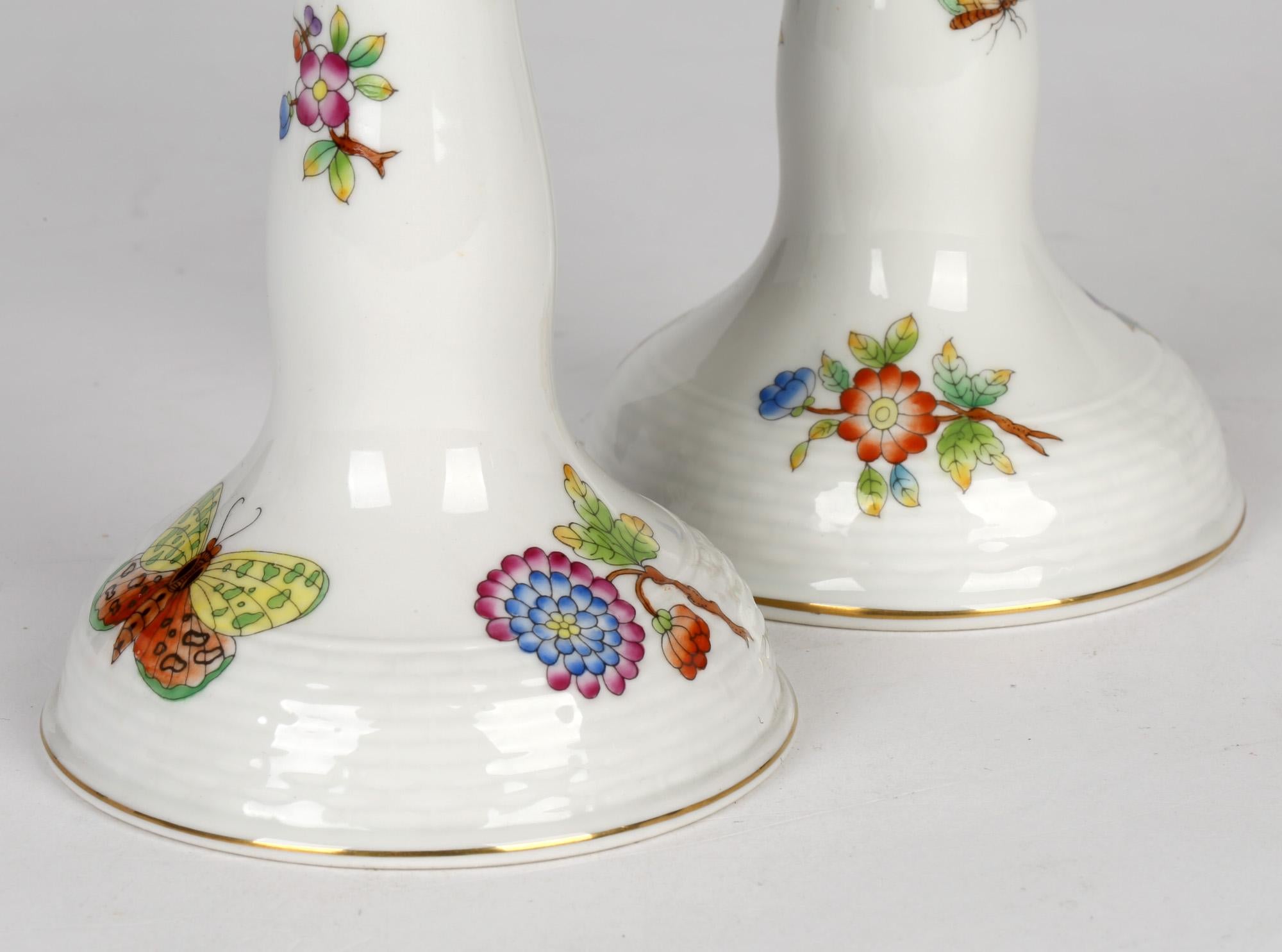 Herend Hungarian Pair Porcelain Floral & Butterfly Painted Candlesticks 2