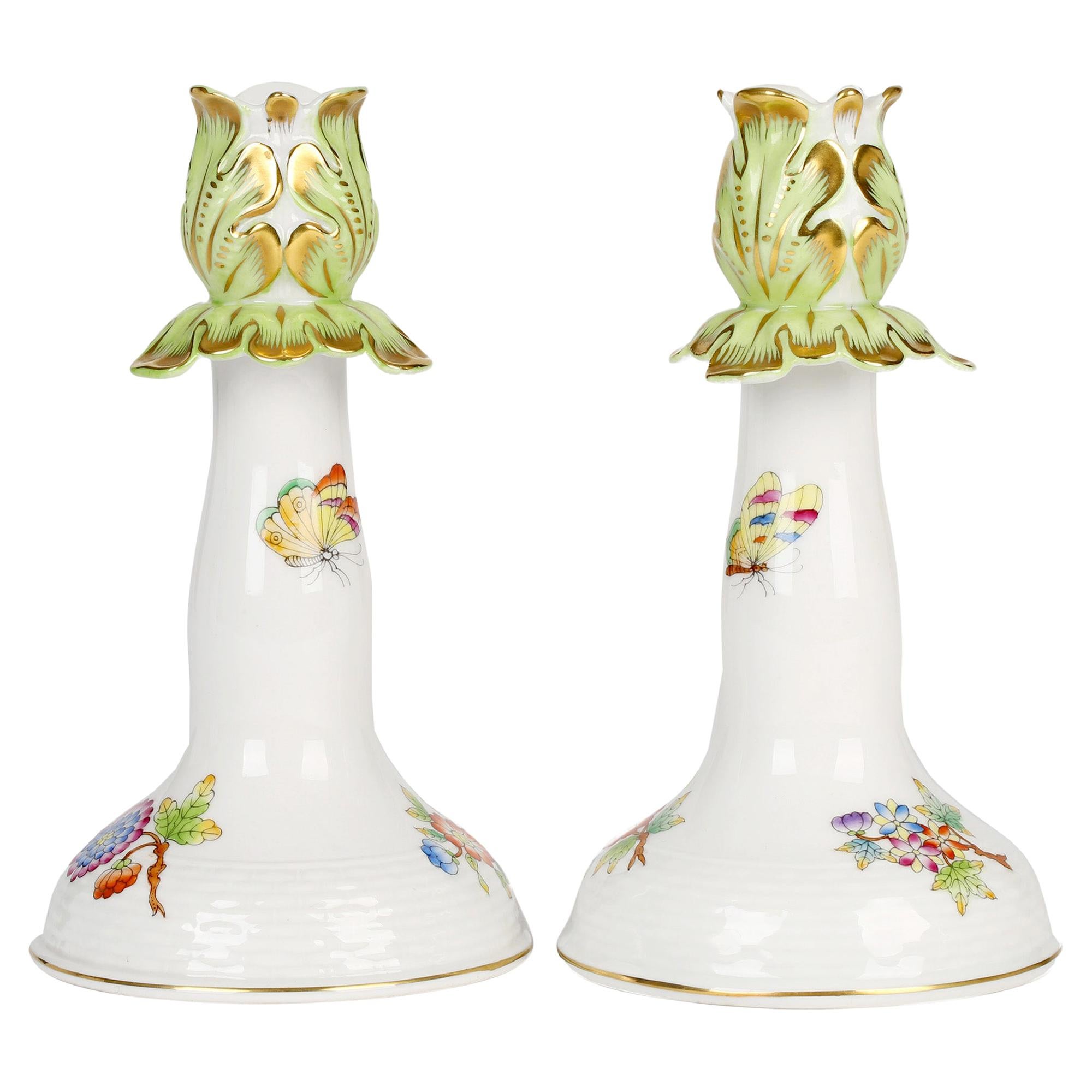 Herend Hungarian Pair Porcelain Floral & Butterfly Painted Candlesticks