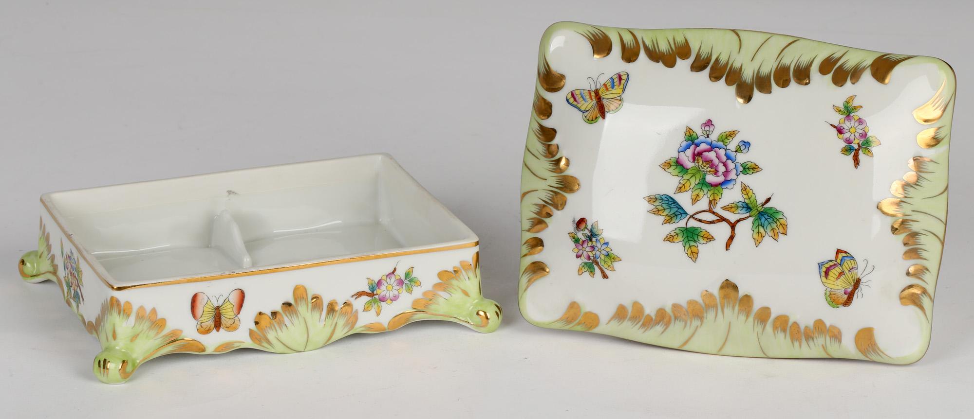 Herend Hungarian Porcelain Floral & Butterfly Painted Dressing Table Box 9