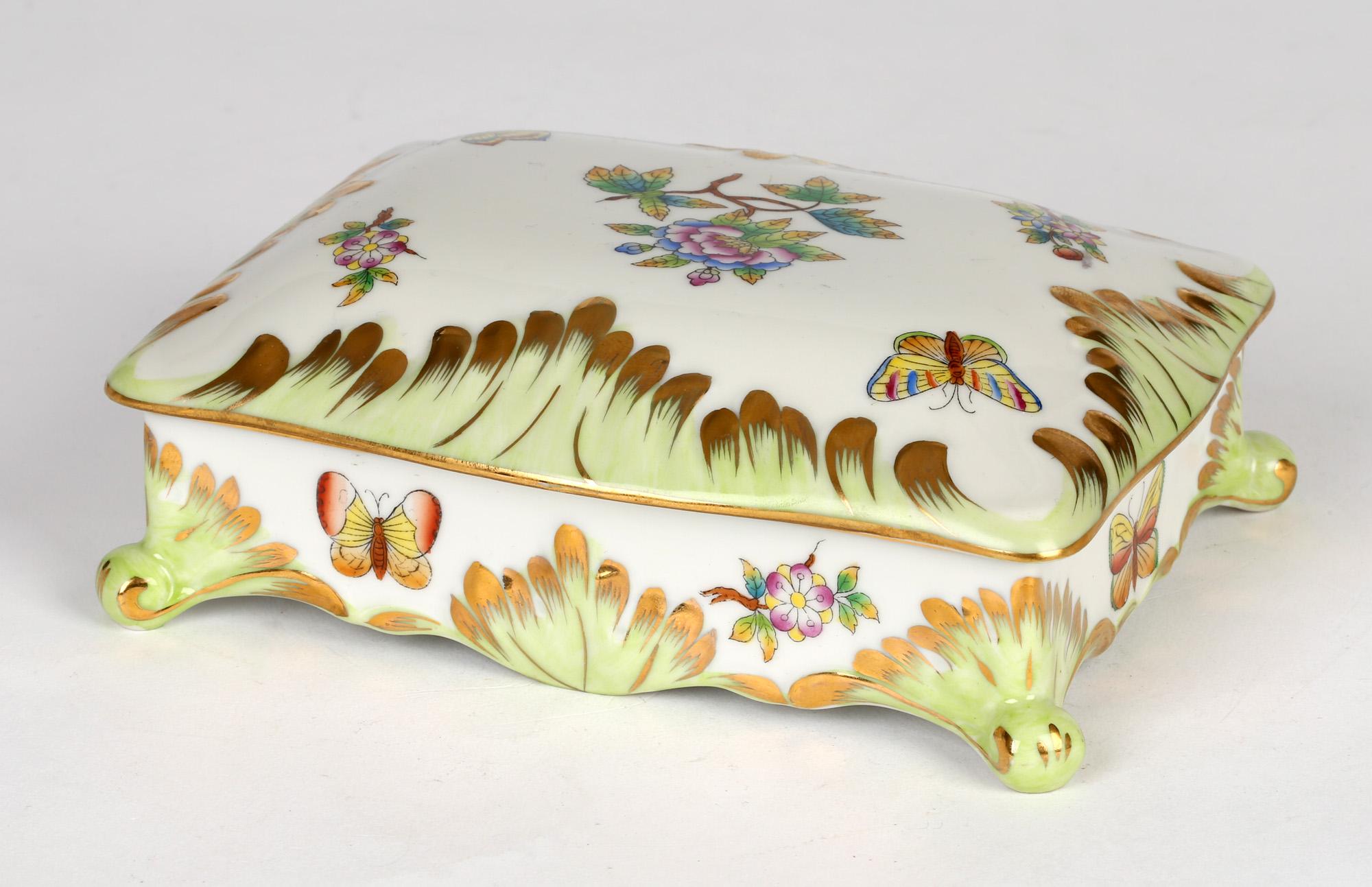 Herend Hungarian Porcelain Floral & Butterfly Painted Dressing Table Box 10