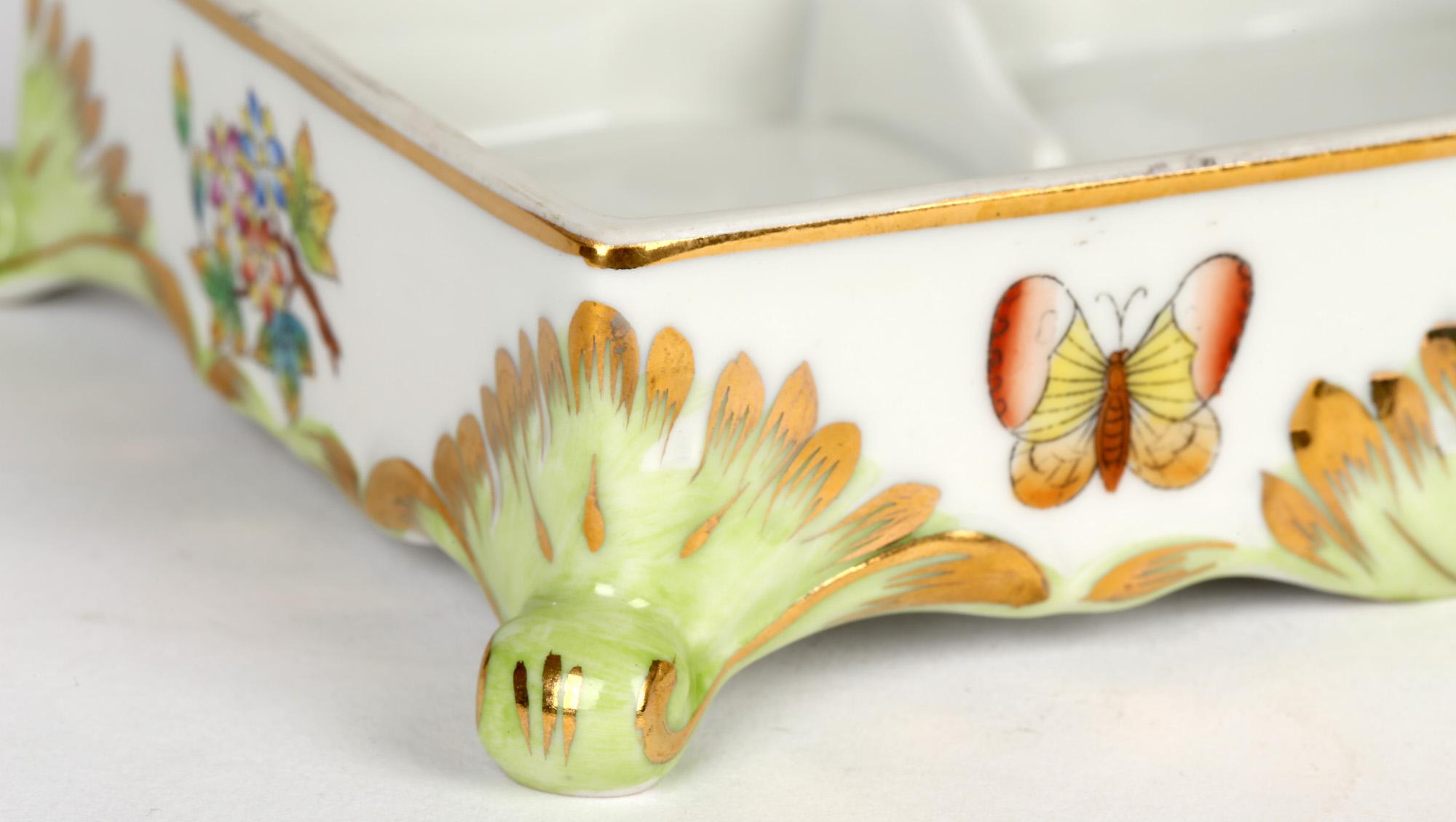 Art Deco Herend Hungarian Porcelain Floral & Butterfly Painted Dressing Table Box