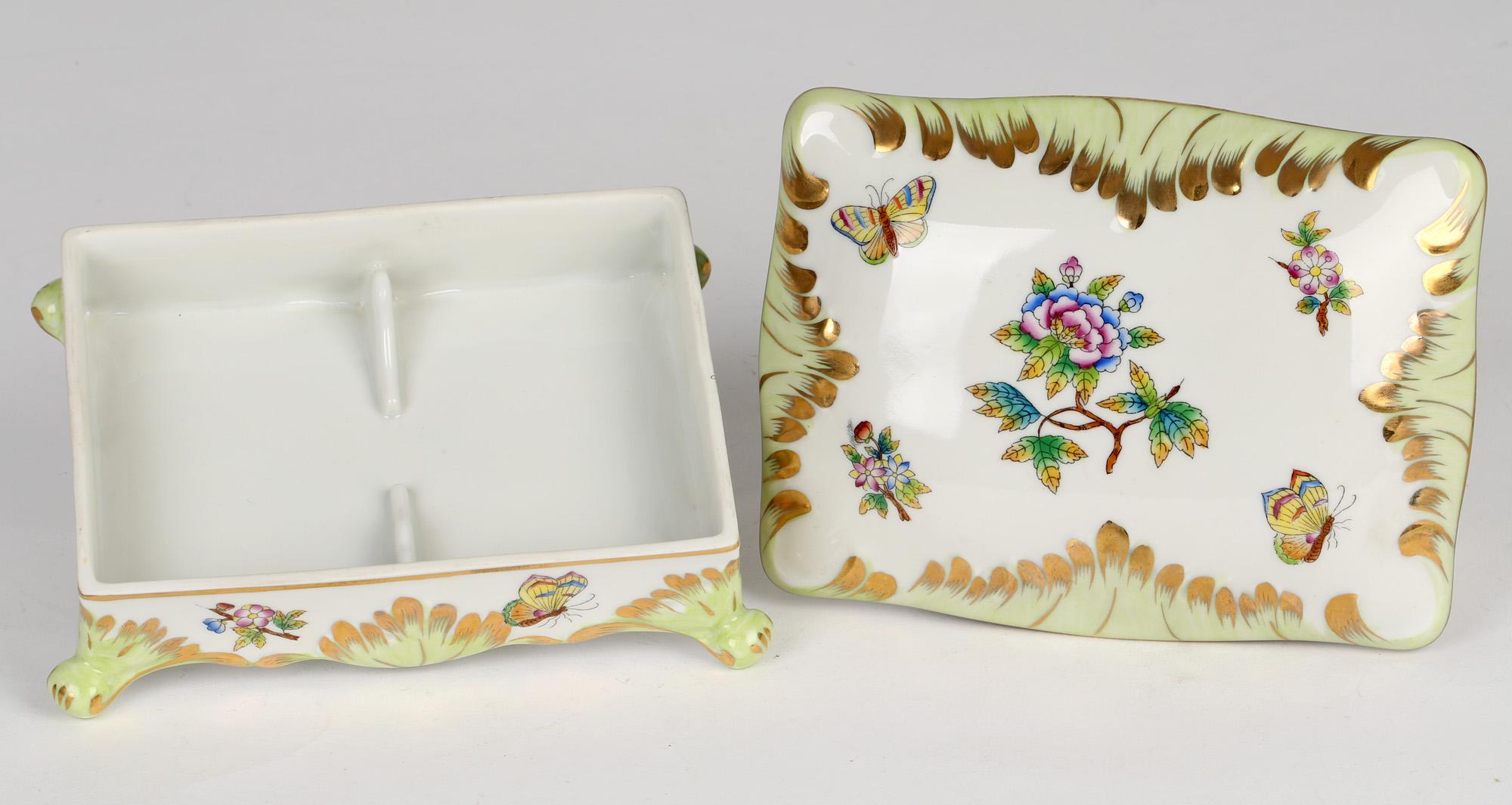 Herend Hungarian Porcelain Floral & Butterfly Painted Dressing Table Box In Good Condition In Bishop's Stortford, Hertfordshire