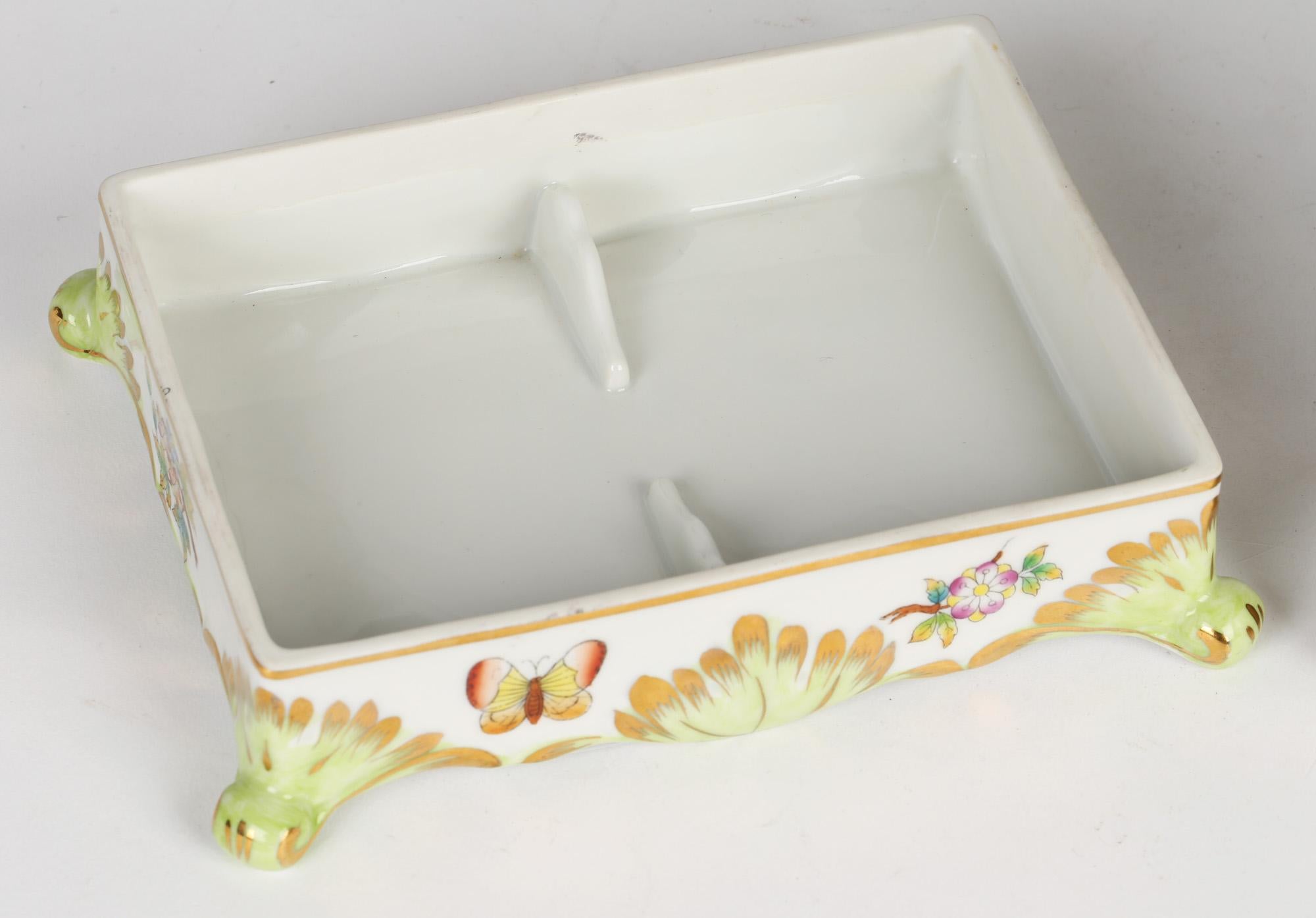20th Century Herend Hungarian Porcelain Floral & Butterfly Painted Dressing Table Box