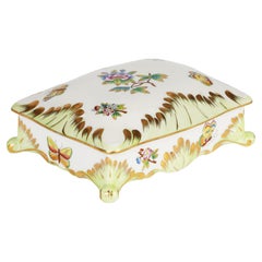 Herend Hungarian Porcelain Floral & Butterfly Painted Dressing Table Box