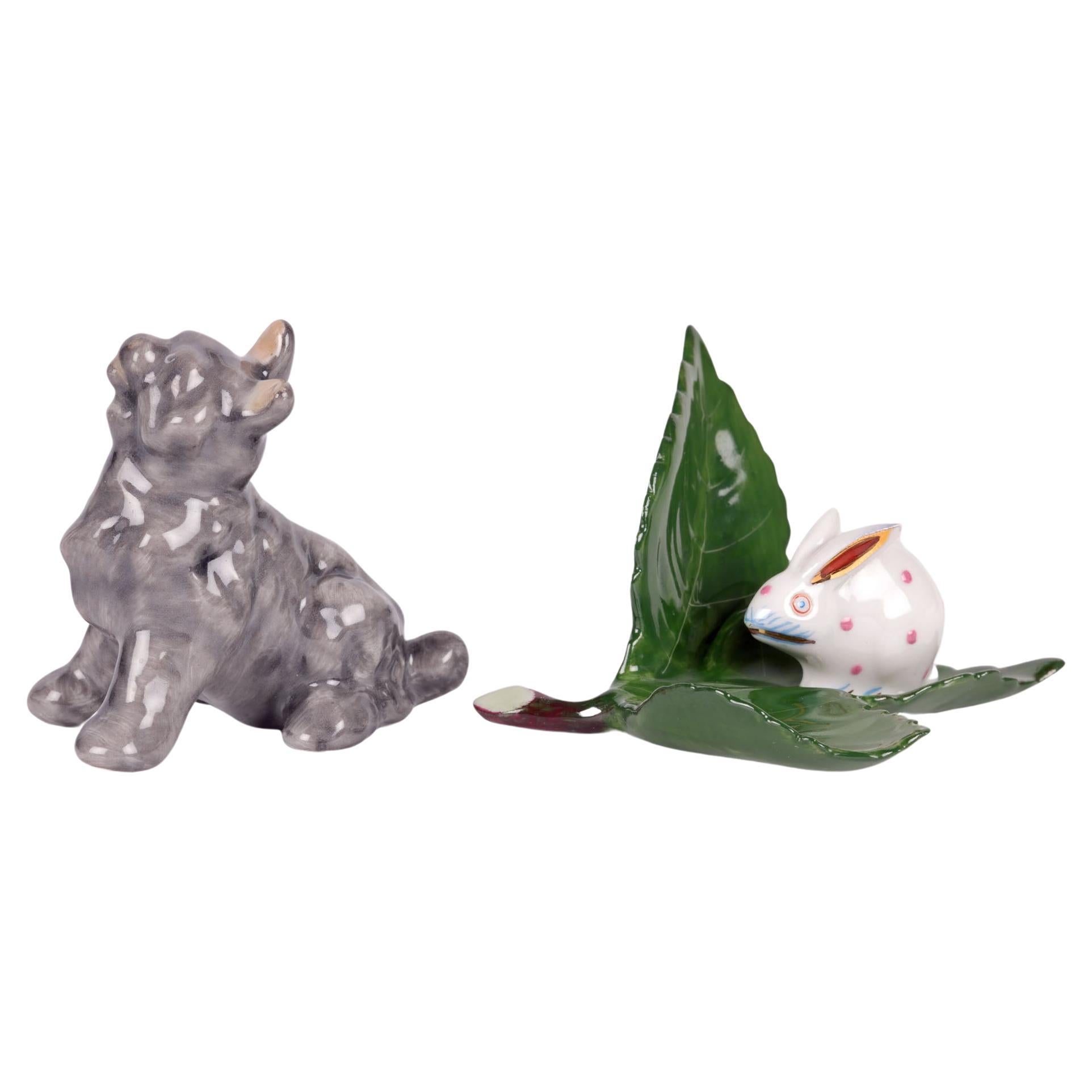 Herend Hungarian Porcelain Model of a Dog and a Rabbit on Leaf