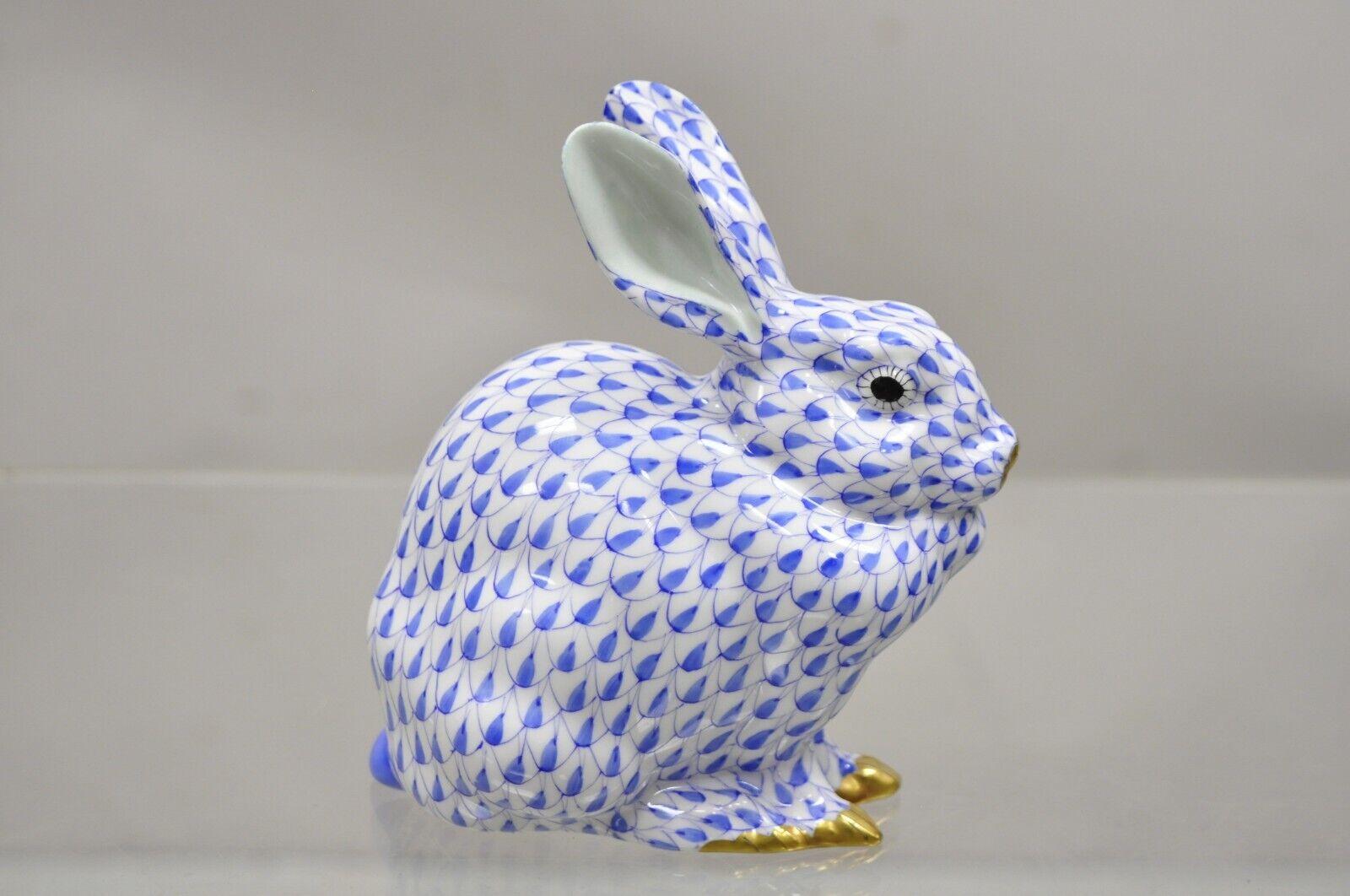 Herend Hungary 15305 blue white fishnet porcelain bunny rabbit sitting figurine. Circa late 20th century. Measurements: 5.25