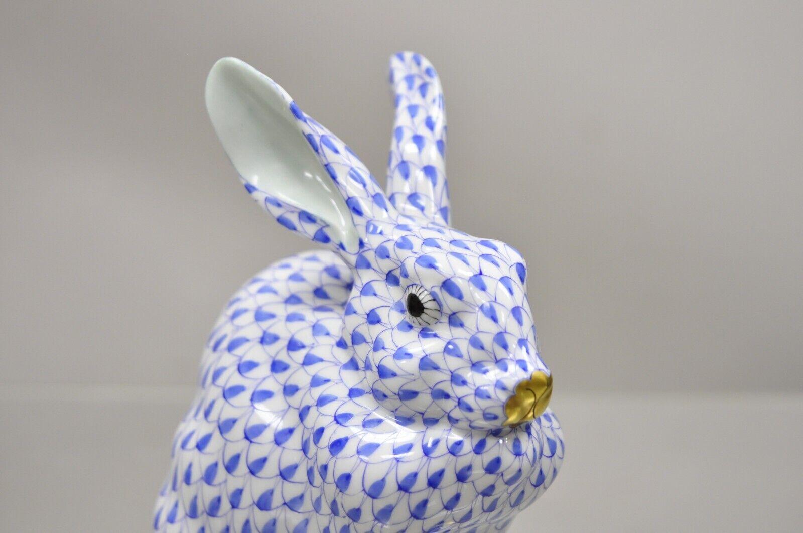 Modern Herend Hungary 15305 Blue White Fishnet Porcelain Bunny Rabbit Sitting Figurine