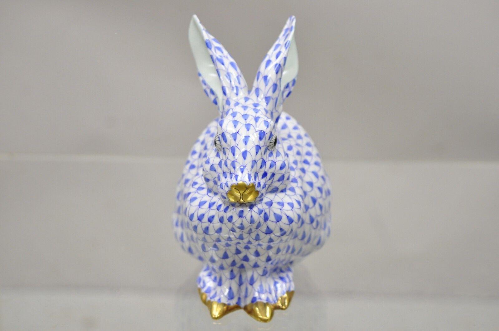 20th Century Herend Hungary 15305 Blue White Fishnet Porcelain Bunny Rabbit Sitting Figurine