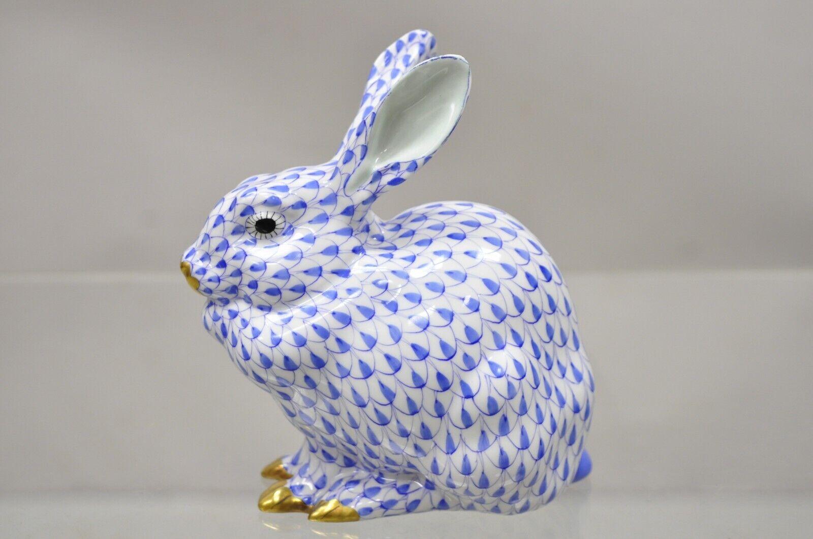 Herend Hungary 15305 Blue White Fishnet Porcelain Bunny Rabbit Sitting Figurine 3