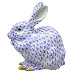 Herend Hungary 15305 Blue White Fishnet Porcelain Bunny Rabbit Sitting Figurine