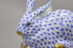 Herend Hungary 15335 Blue White Fishnet Porcelain Bunny Rabbit Laying Figurine
