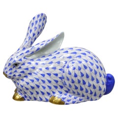 Herend Hungary 15335 Blue White Fishnet Porcelain Bunny Rabbit Laying Figurine
