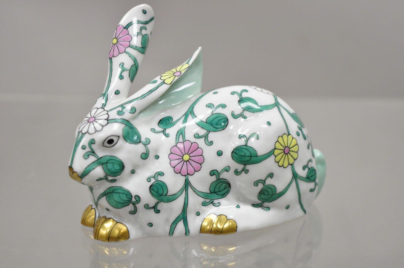 Herend Hungary 15335 Porcelain SBC Siang Blanc Green Flower Bunny Rabbit Figurine. Circa Late 20th Century. Measurements: 3.25